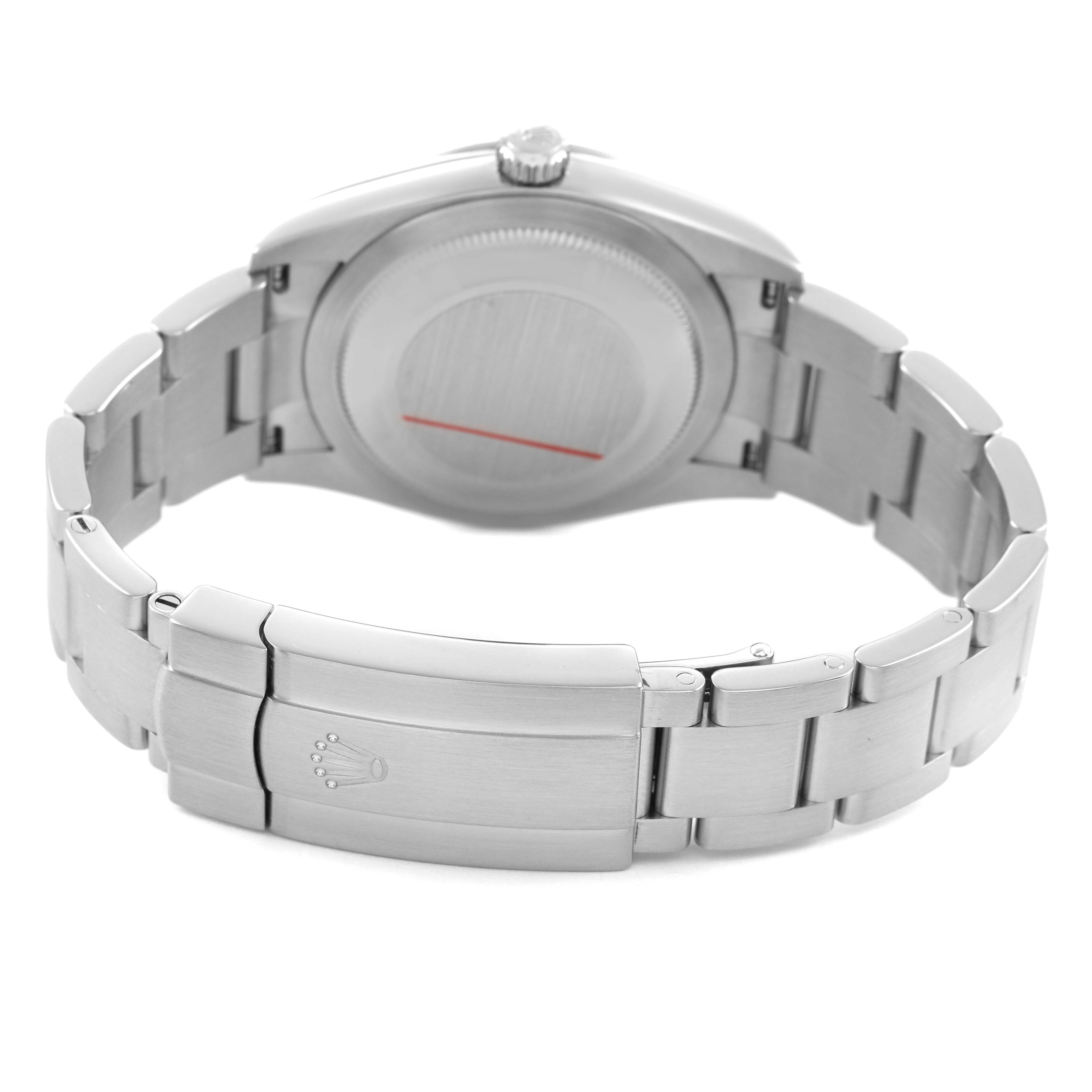 The image shows the back side and clasp of a Rolex Oyster Perpetual M124200-0003 Men's Stainless Steel Blue Dial watch in a partially opened position.
