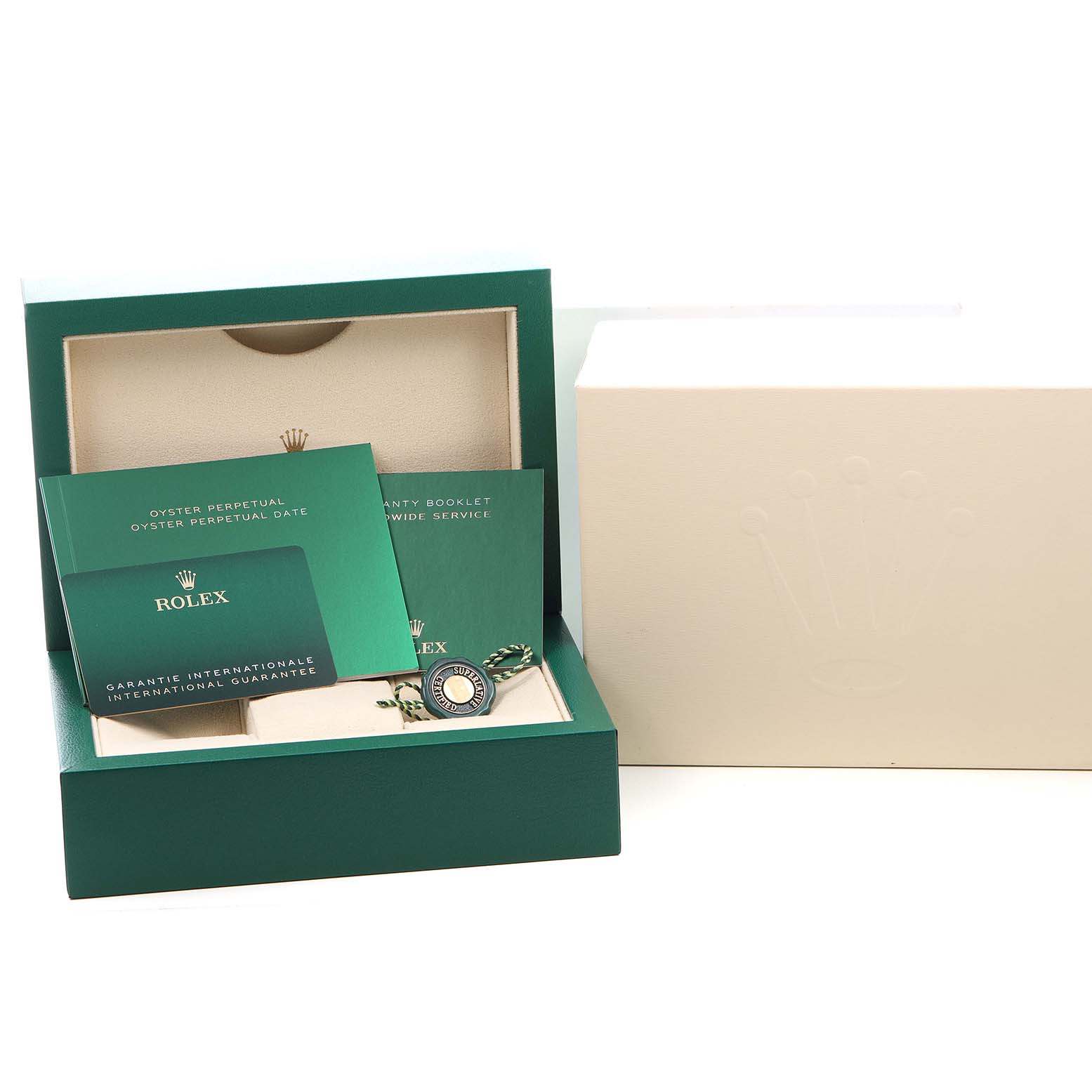 The image shows a Rolex Oyster Perpetual M124200-0003 Men's Stainless Steel Blue Dial watch box, warranty booklet, certificate, and tag, viewed from the front.