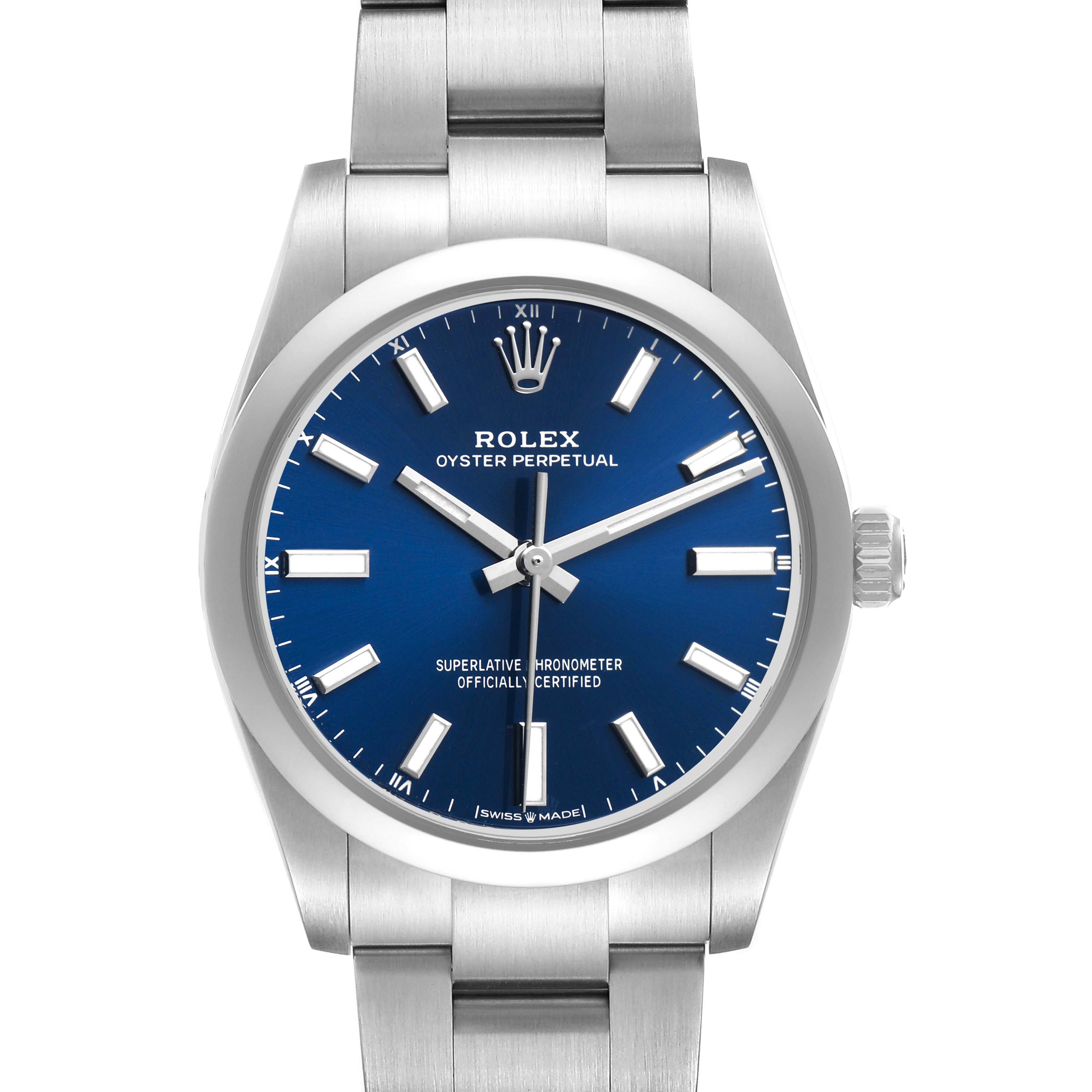 The Rolex Oyster Perpetual M124200-0003 Men's Stainless Steel Blue Dial watch is shown from the front, highlighting the blue dial, hands, hour markers, and bracelet.