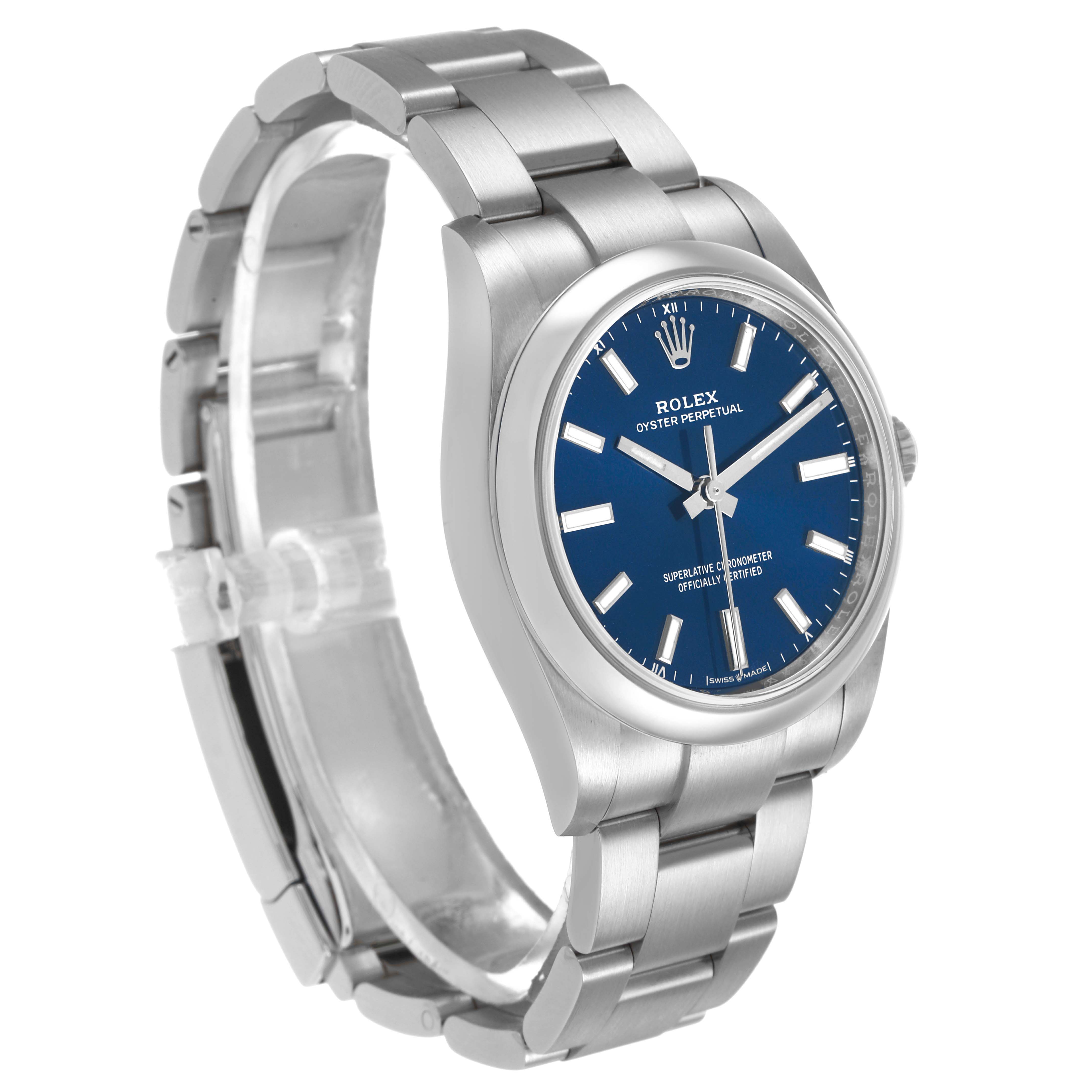 The Rolex Oyster Perpetual M124200-0003 Men's Stainless Steel Blue Dial watch is shown at a three-quarter angle, highlighting the blue dial, bezel, and stainless steel bracelet.