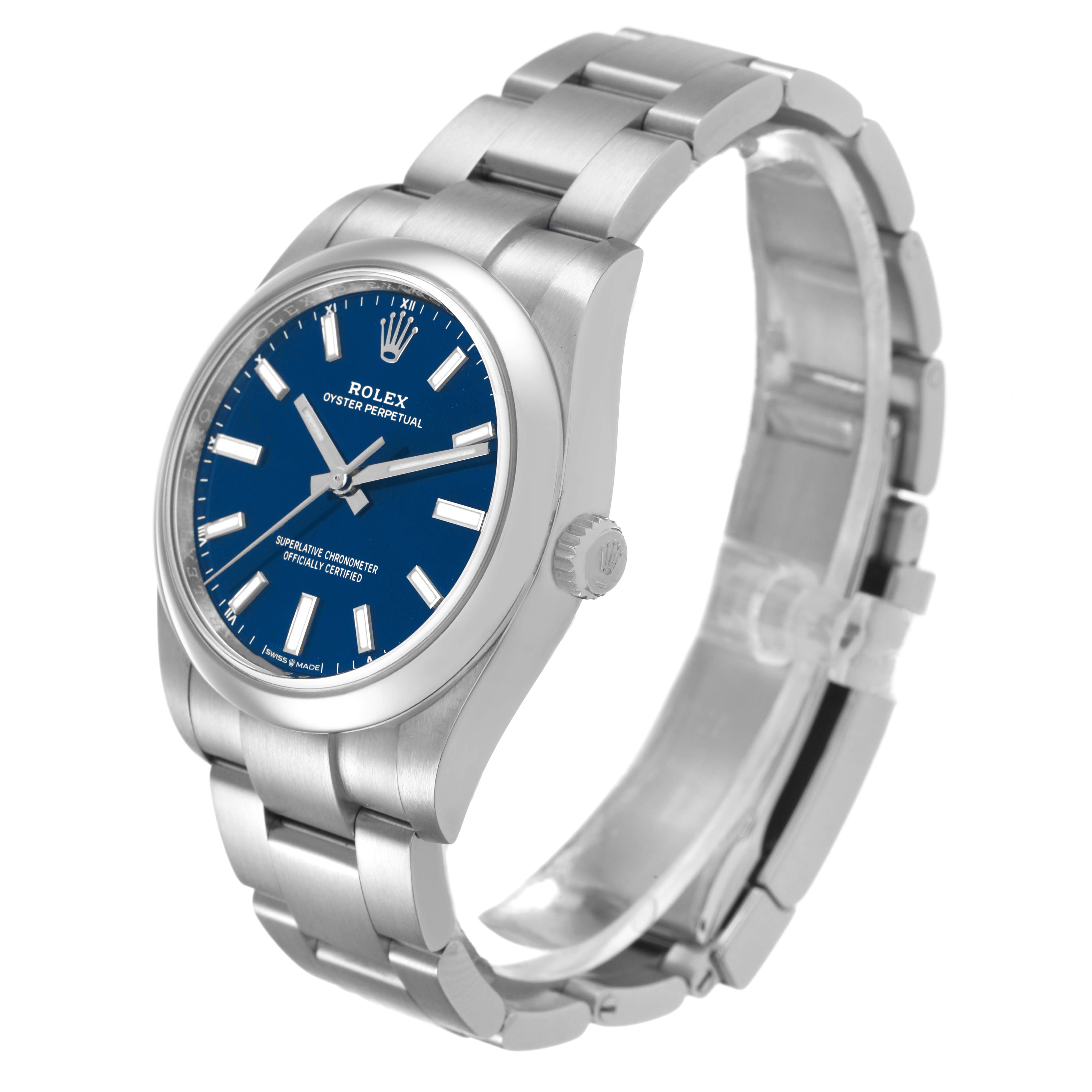 The Rolex Oyster Perpetual M124200-0003 Men's Stainless Steel Blue Dial watch is shown at a side angle, showcasing its blue dial, silver case, and bracelet with clasp.