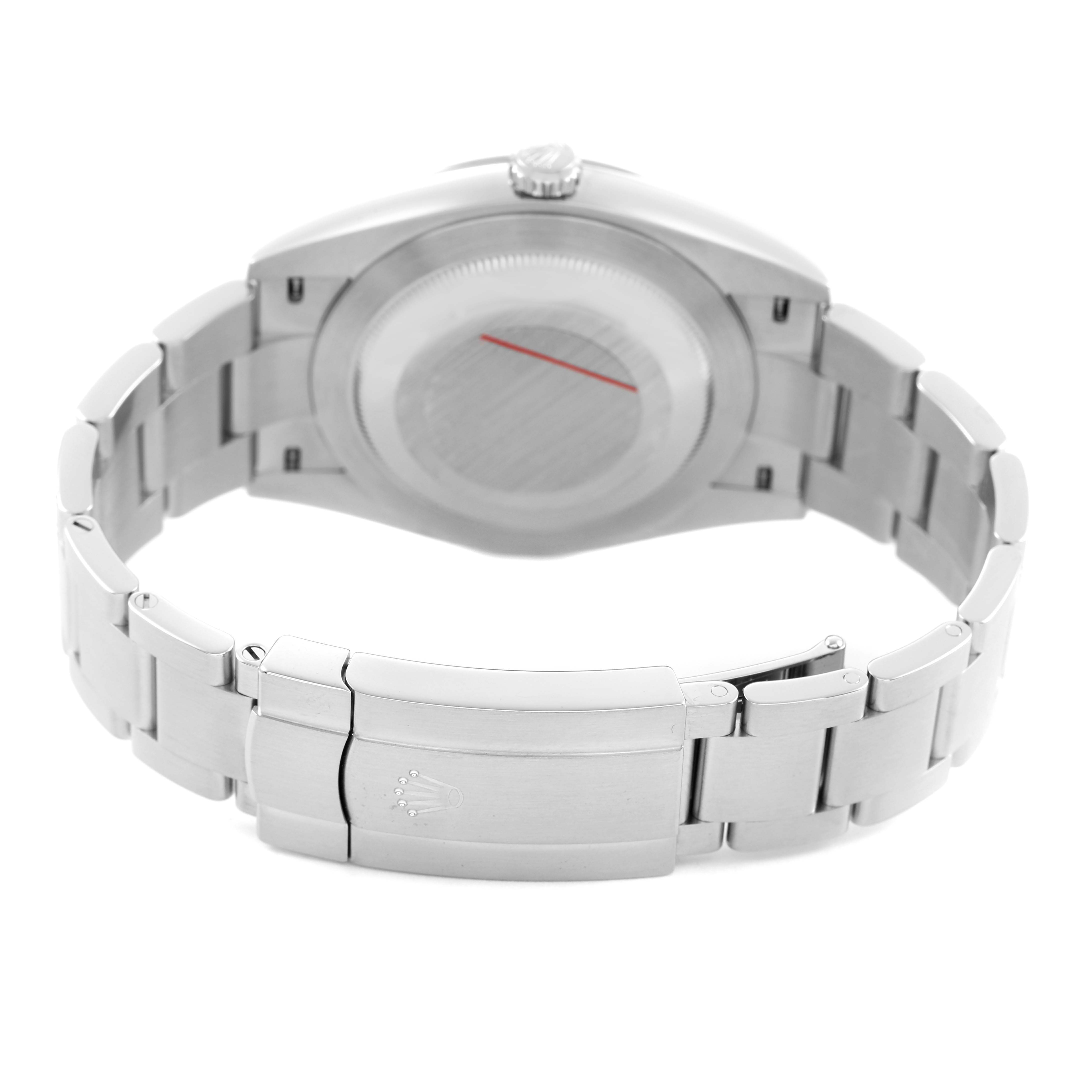 The Rolex Oyster Perpetual M124300-0002 Mens Stainless Steel Black Dial watch is shown from the back, highlighting the clasp, bracelet, and case back.