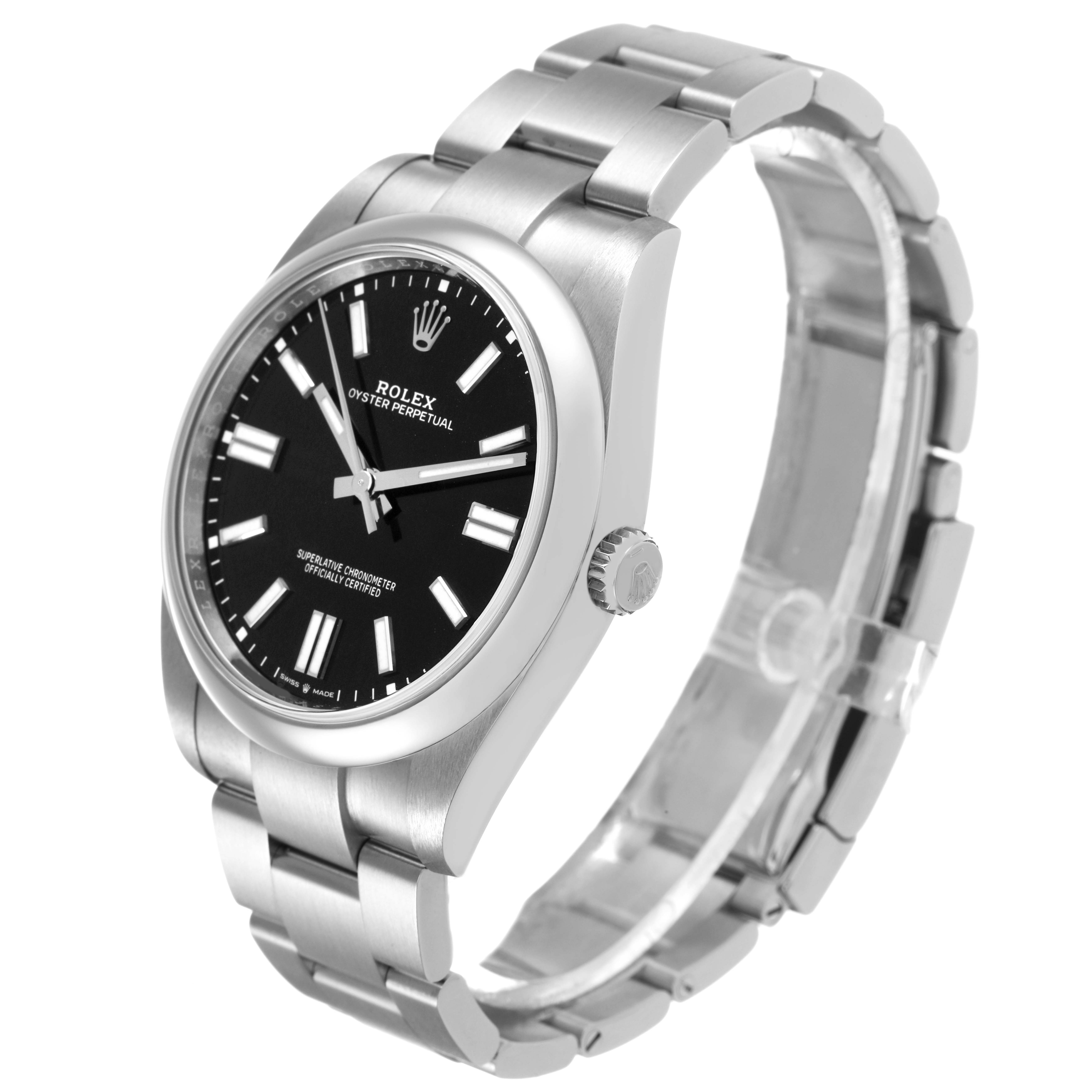 The Rolex Oyster Perpetual M124300-0002 Mens Stainless Steel Black Dial model is shown at a three-quarter angle, displaying the face, case, and bracelet.