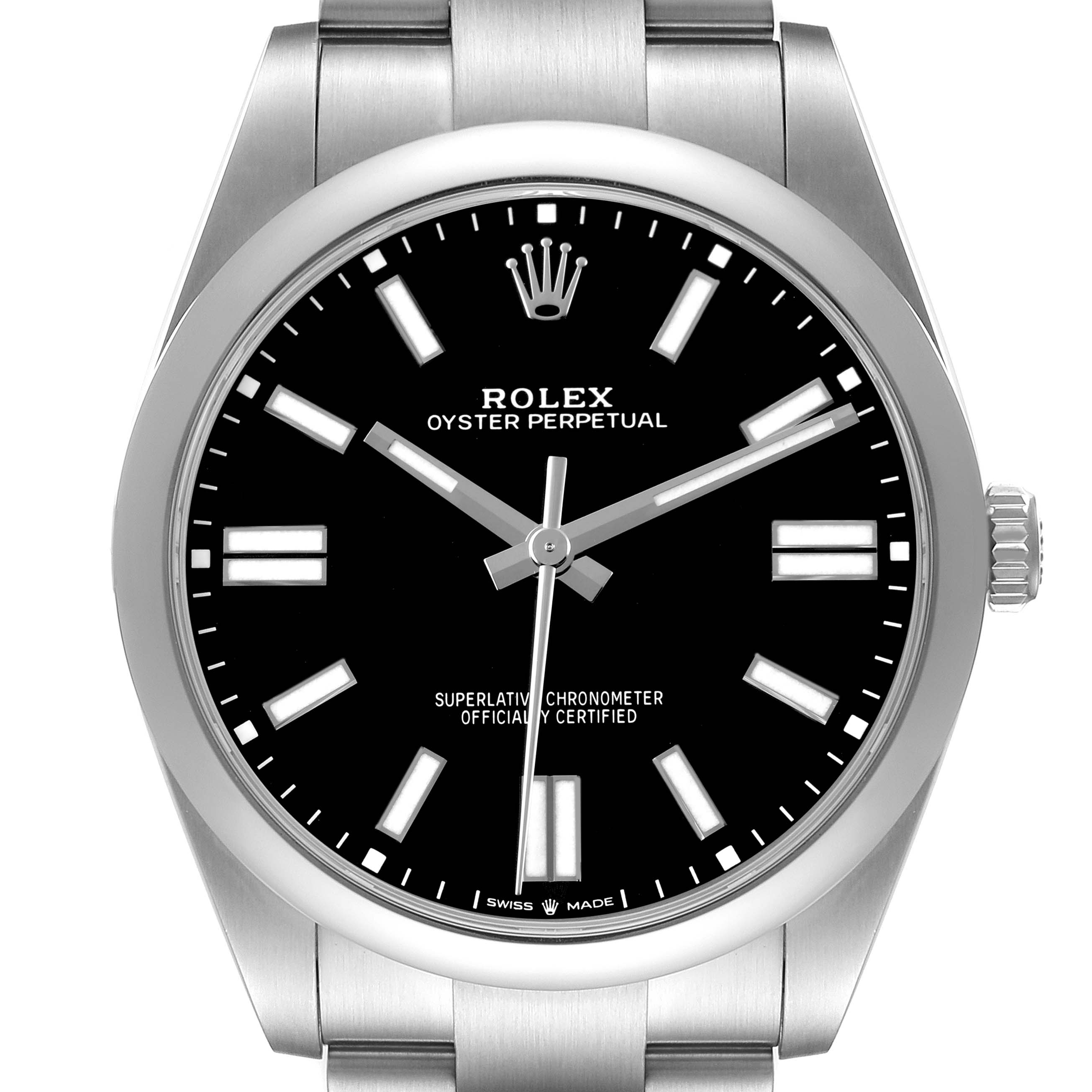 The Rolex Oyster Perpetual M124300-0002 Mens Stainless Steel Black Dial watch is shown from a top-down perspective, highlighting the dial, hands, and a portion of the bracelet.