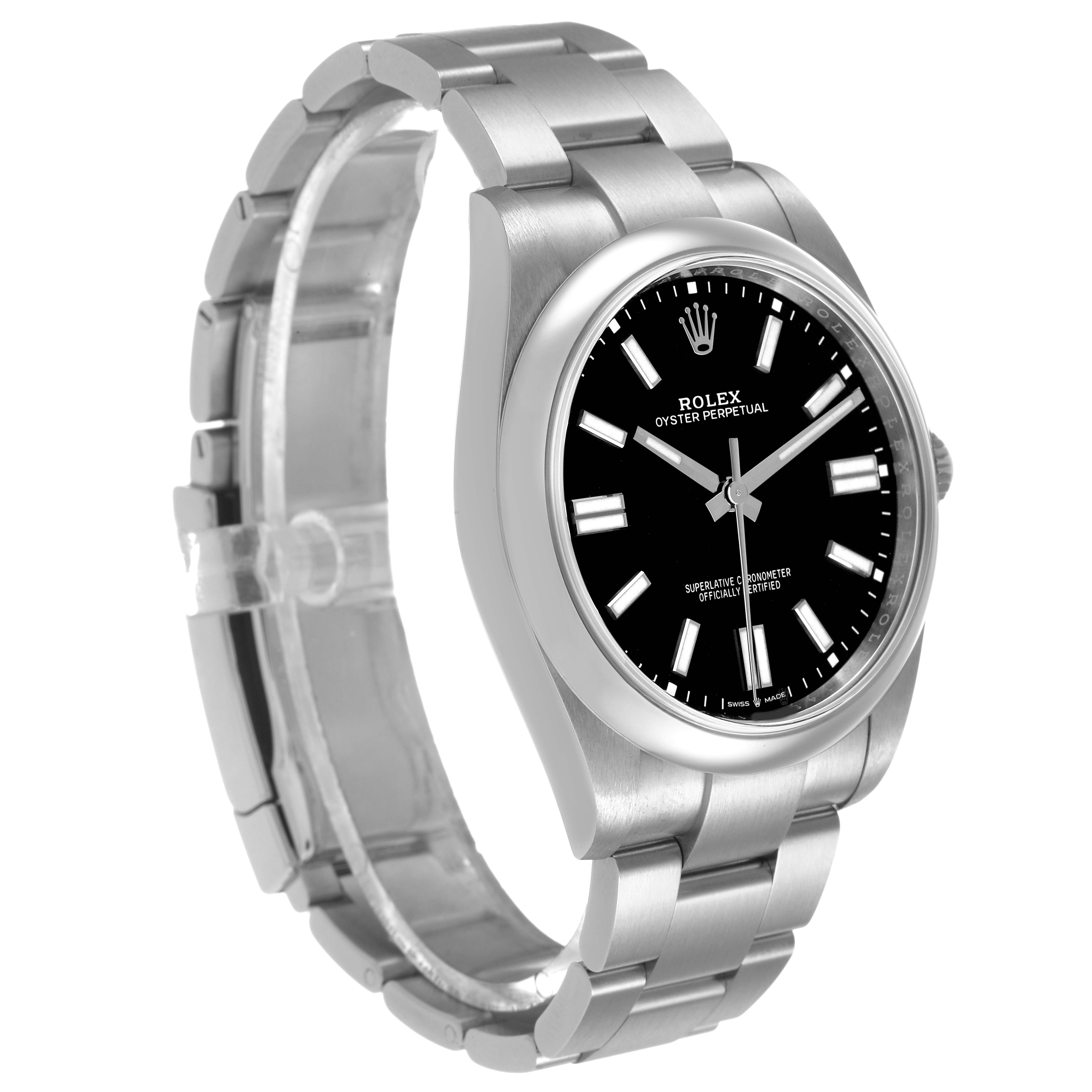 The Rolex Oyster Perpetual M124300-0002 Mens Stainless Steel Black Dial watch is shown at a three-quarter angle, highlighting the black dial, stainless steel case, and bracelet.