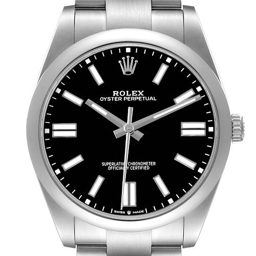 The Rolex Oyster Perpetual M124300-0002 Men's Stainless Steel Black Dial watch is shown from a front angle, highlighting the dial, bezel, and part of the bracelet.