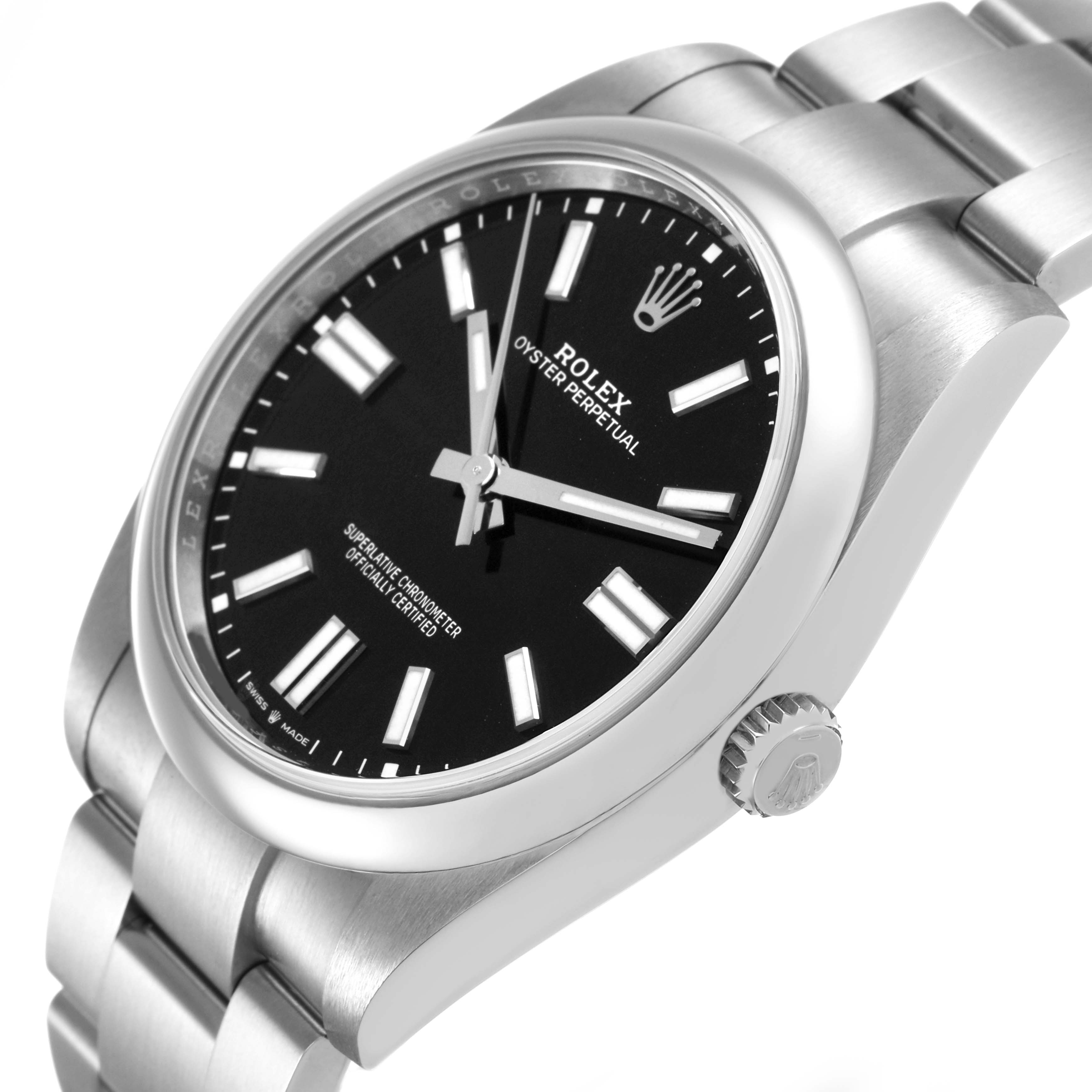 The Rolex Oyster Perpetual M124300-0002 Mens Stainless Steel Black Dial watch is shown from an angled side view, highlighting the dial, crown, and bracelet.