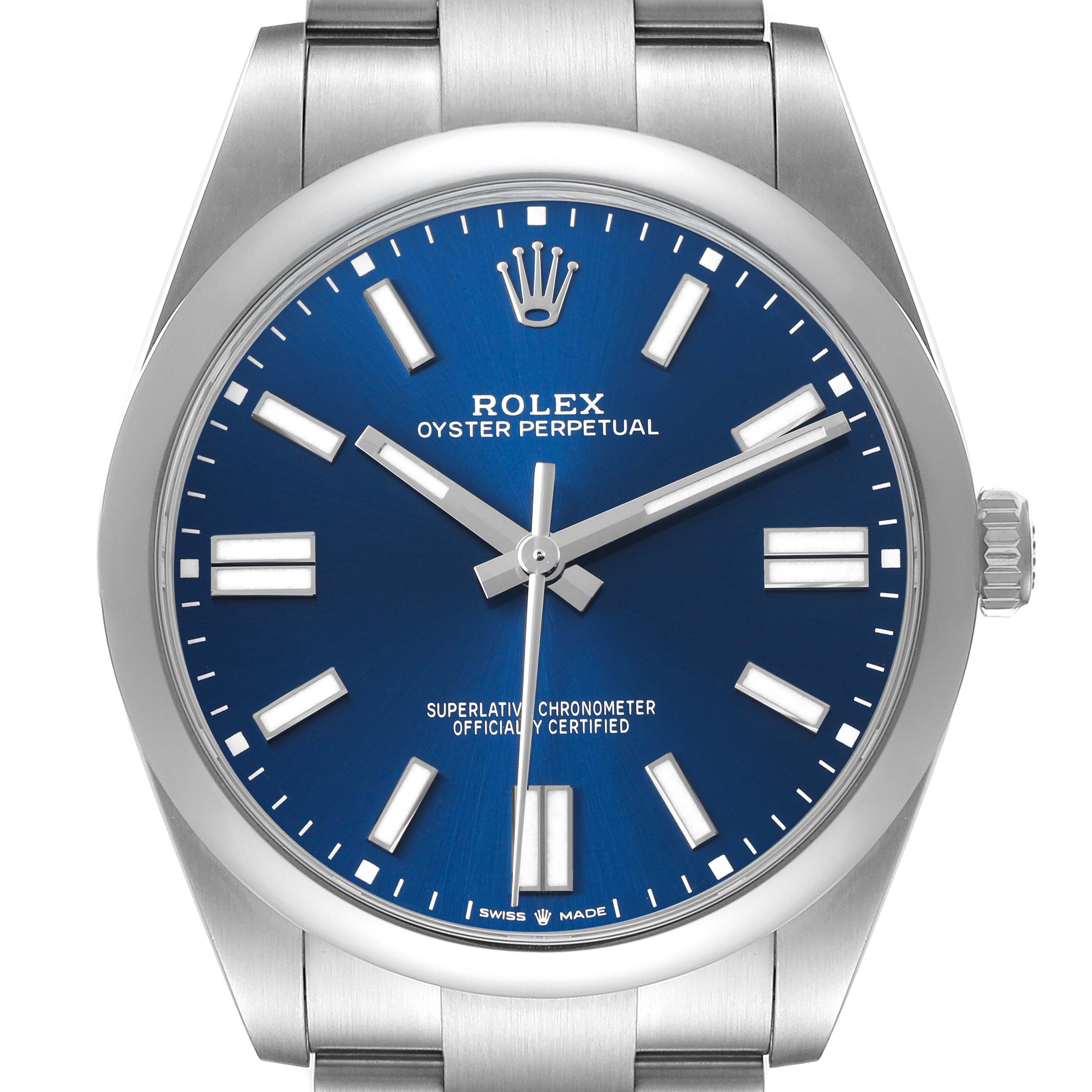 The Rolex Oyster Perpetual 124300 Men's Stainless Steel Blue Dial watch is shown from the front, highlighting its blue dial, markers, hands, and crown.