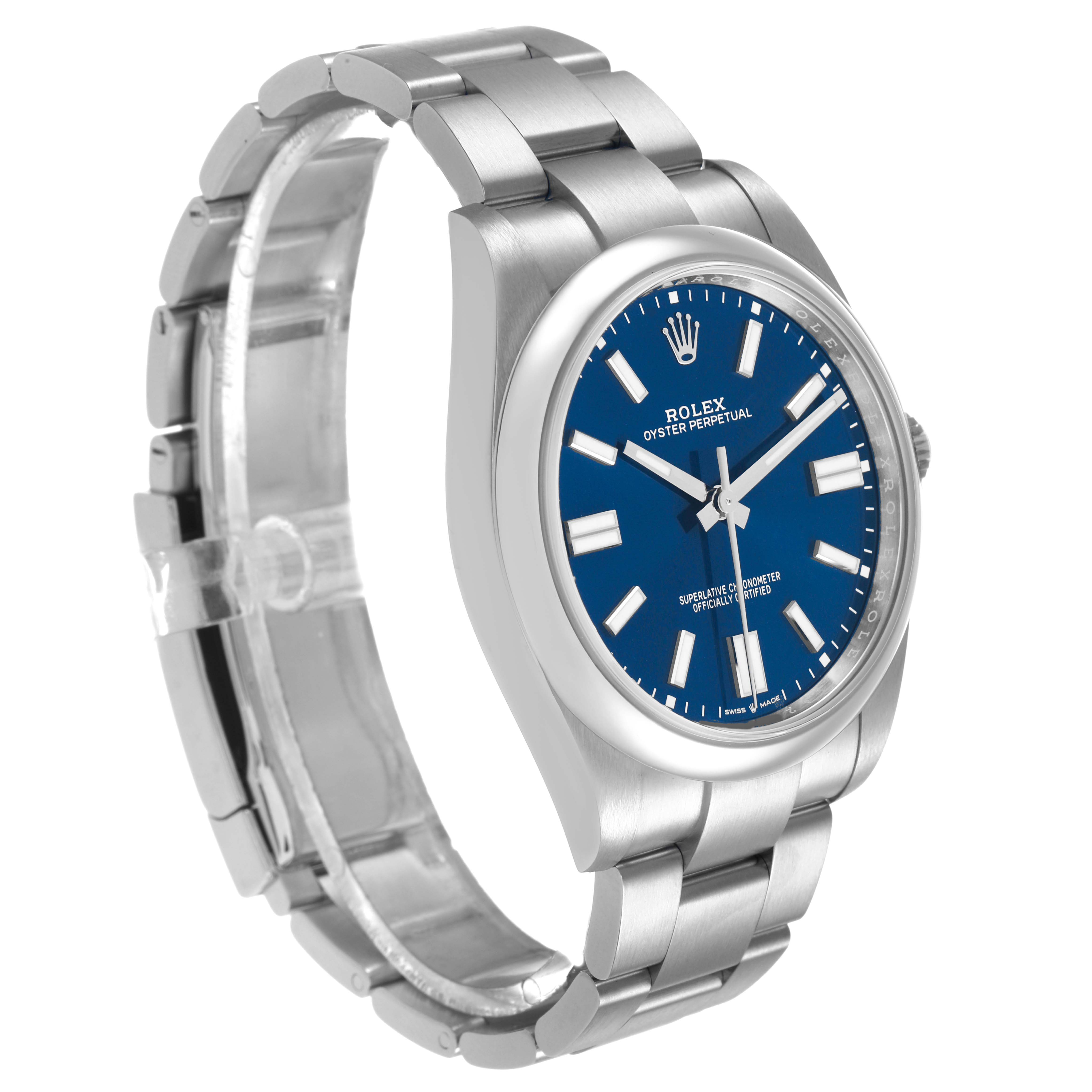 This Rolex Oyster Perpetual 124300 Men's Stainless Steel Blue Dial watch is shown at a three-quarter angle, highlighting the face, bezel, and bracelet.