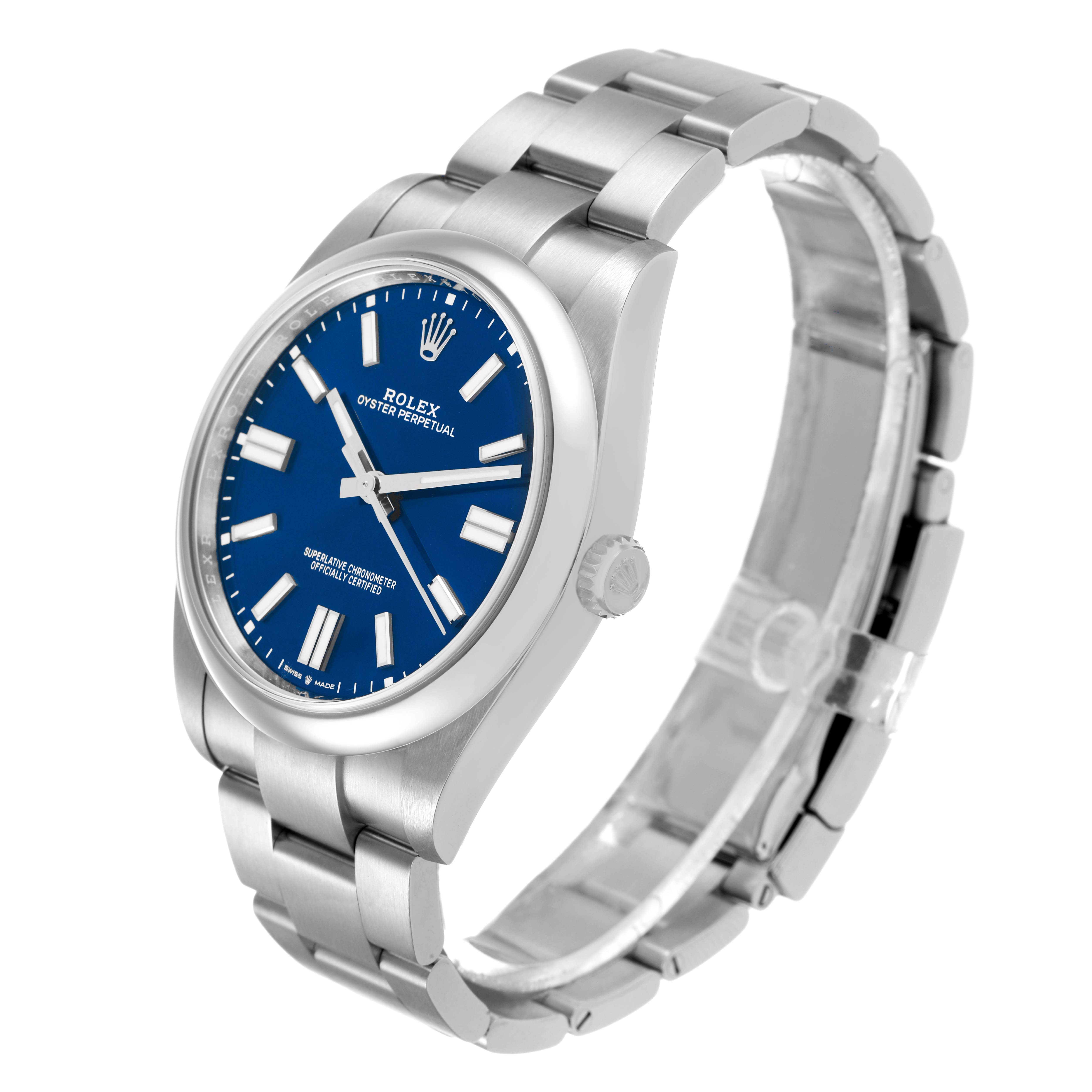 The Rolex Oyster Perpetual 124300 Men's Stainless Steel Blue Dial watch is shown at a slight angle, highlighting the blue dial, bezel, crown, and metal bracelet.