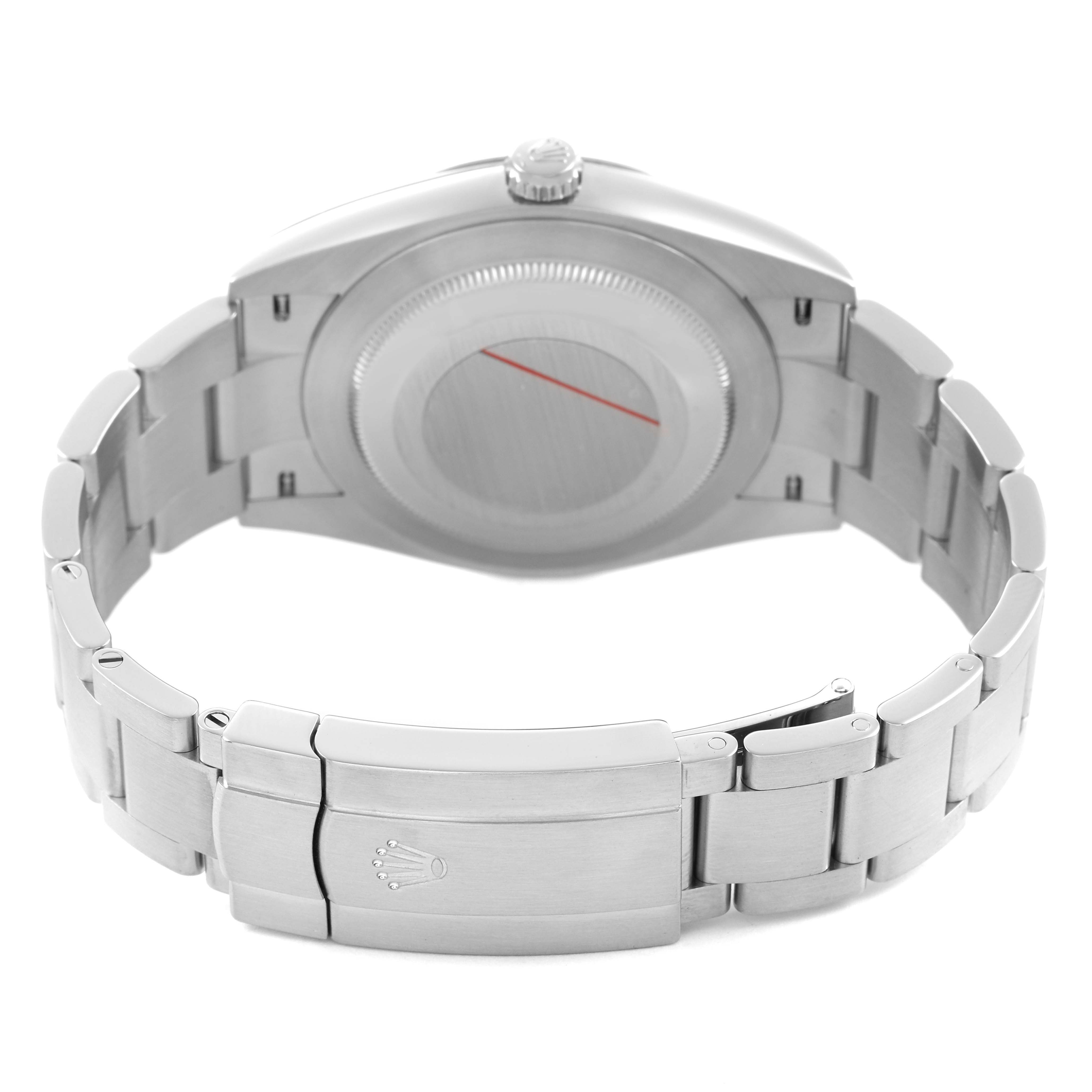 The image shows the backside of a Rolex Oyster Perpetual M124300-0005 Men's Stainless Steel Green Dial watch, highlighting its stainless steel bracelet and case back.