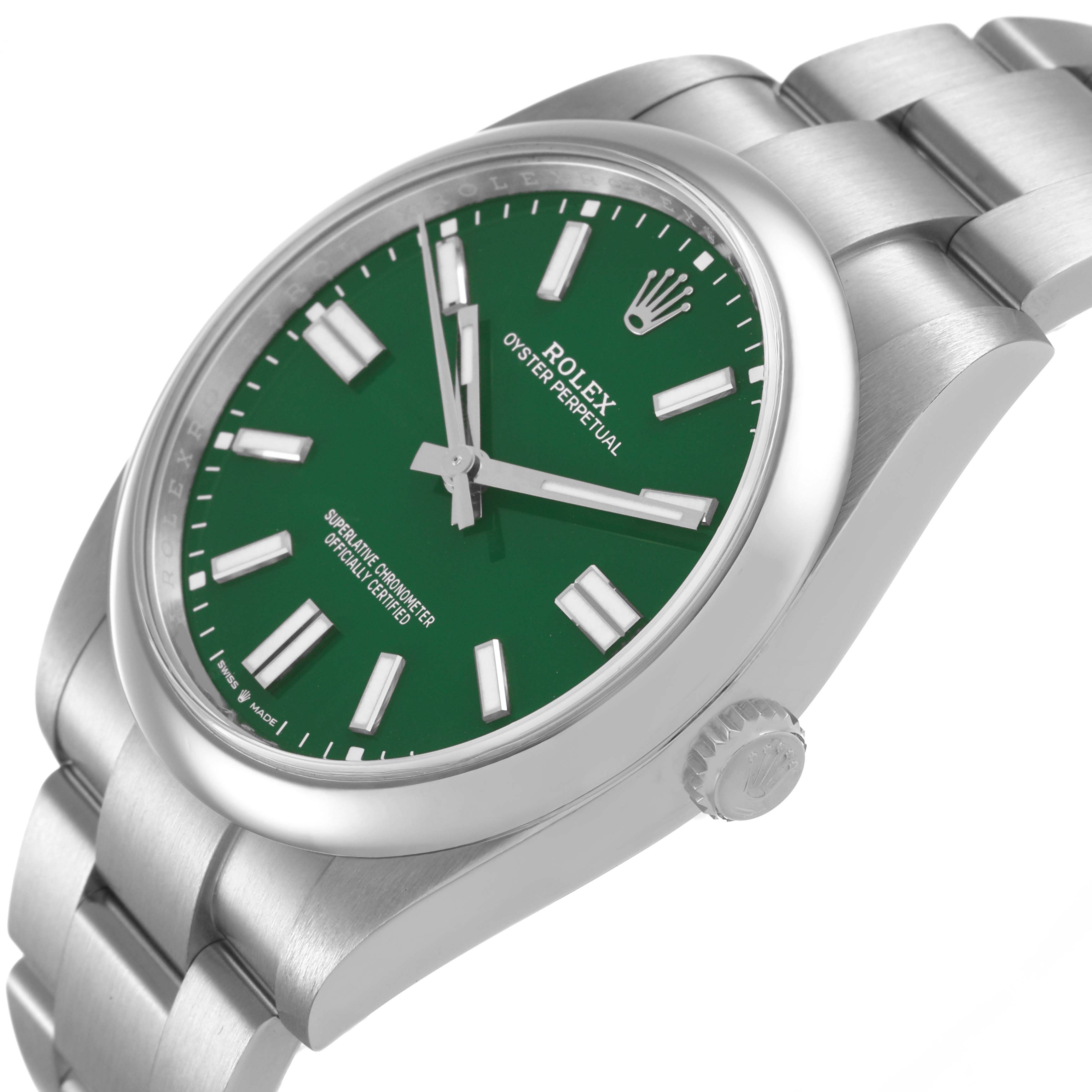 The Rolex Oyster Perpetual M124300-0005 Men's Stainless Steel Green Dial watch is shown at a slight angle, displaying the green dial, case, and part of the bracelet and crown.