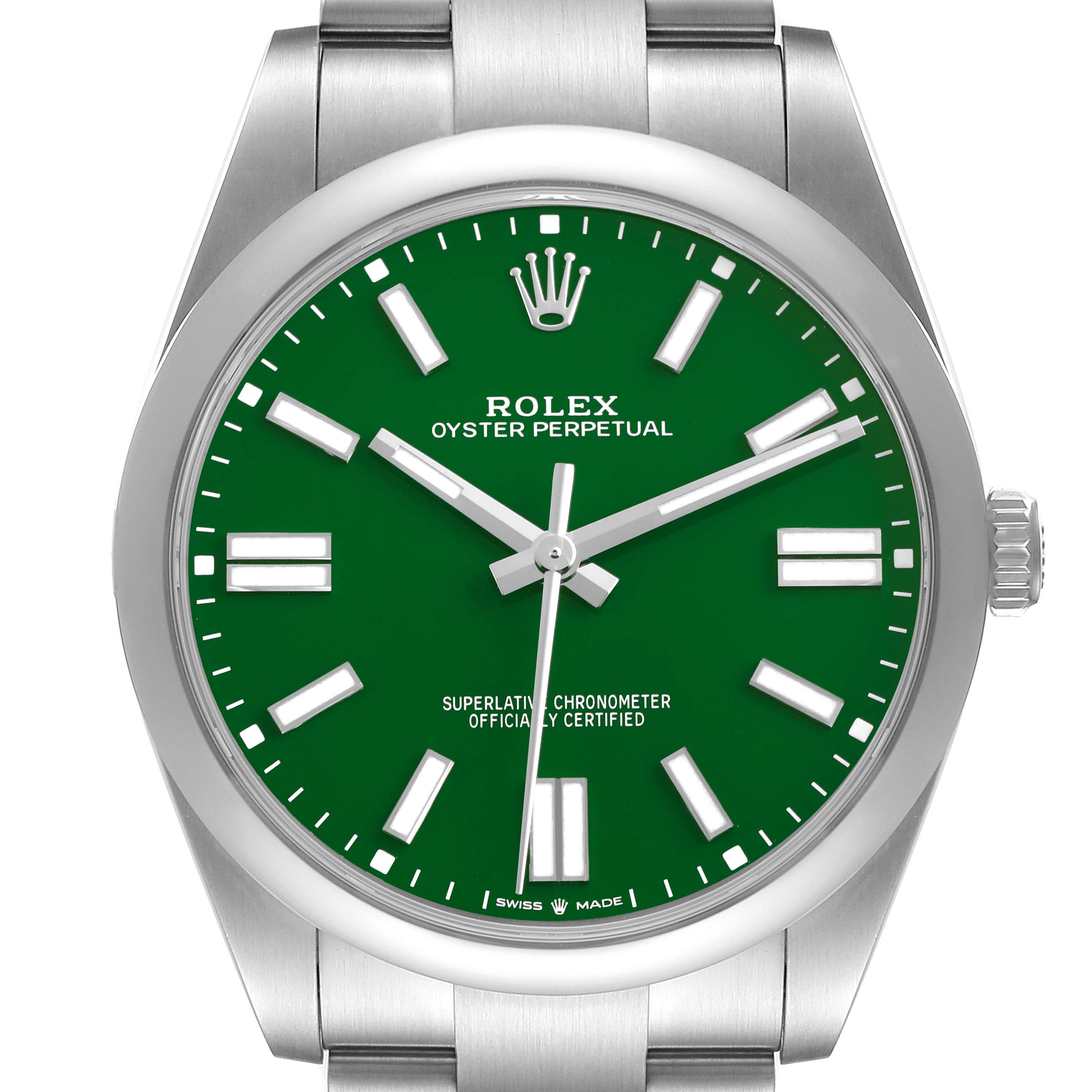 The Rolex Oyster Perpetual M124300-0005 Men's Stainless Steel Green Dial watch is shown from a front angle, displaying the green dial, hands, markers, bezel, and part of the bracelet.
