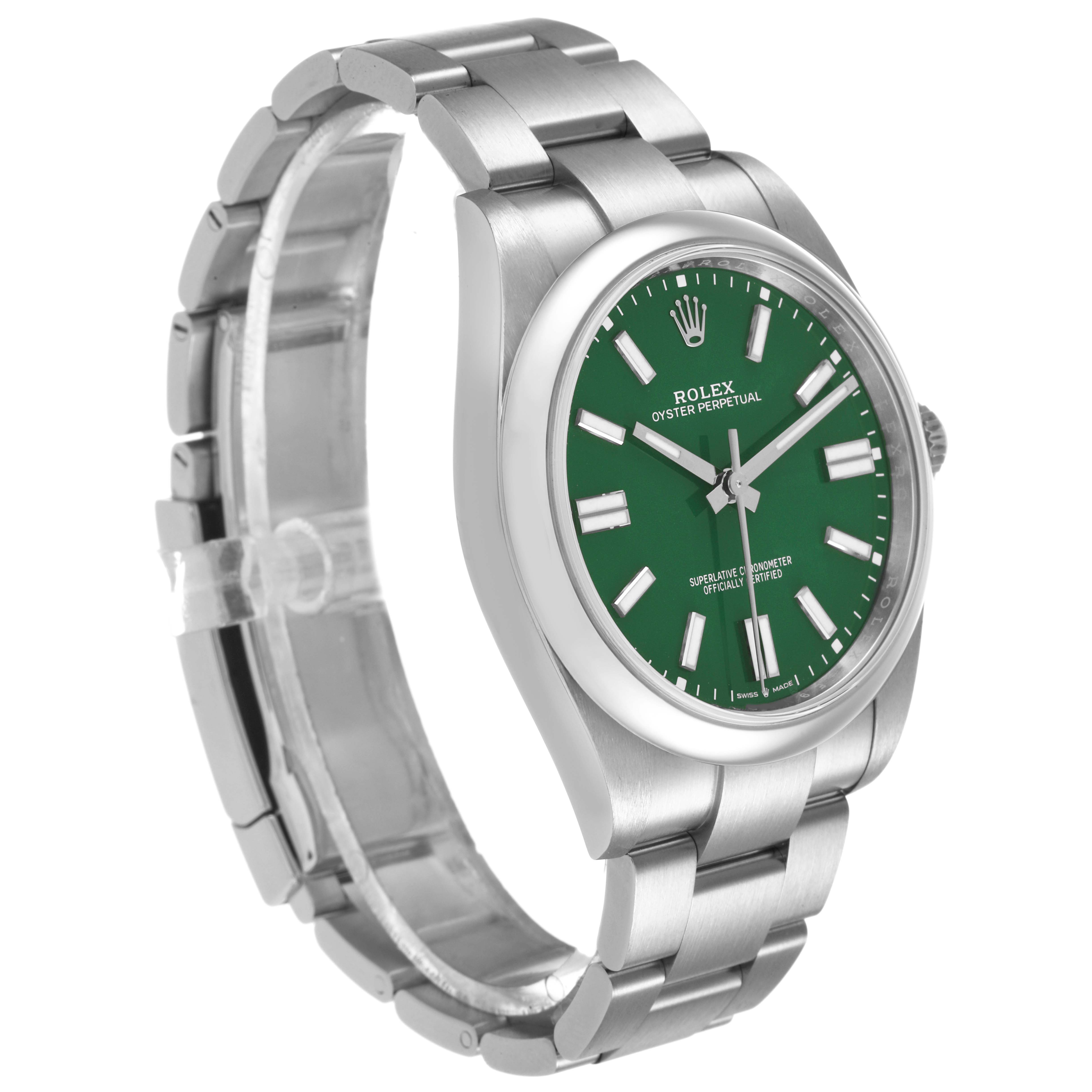 The Rolex Oyster Perpetual M124300-0005 Men's Stainless Steel Green Dial watch is shown at a three-quarter angle, highlighting its green dial, bracelet, and case.