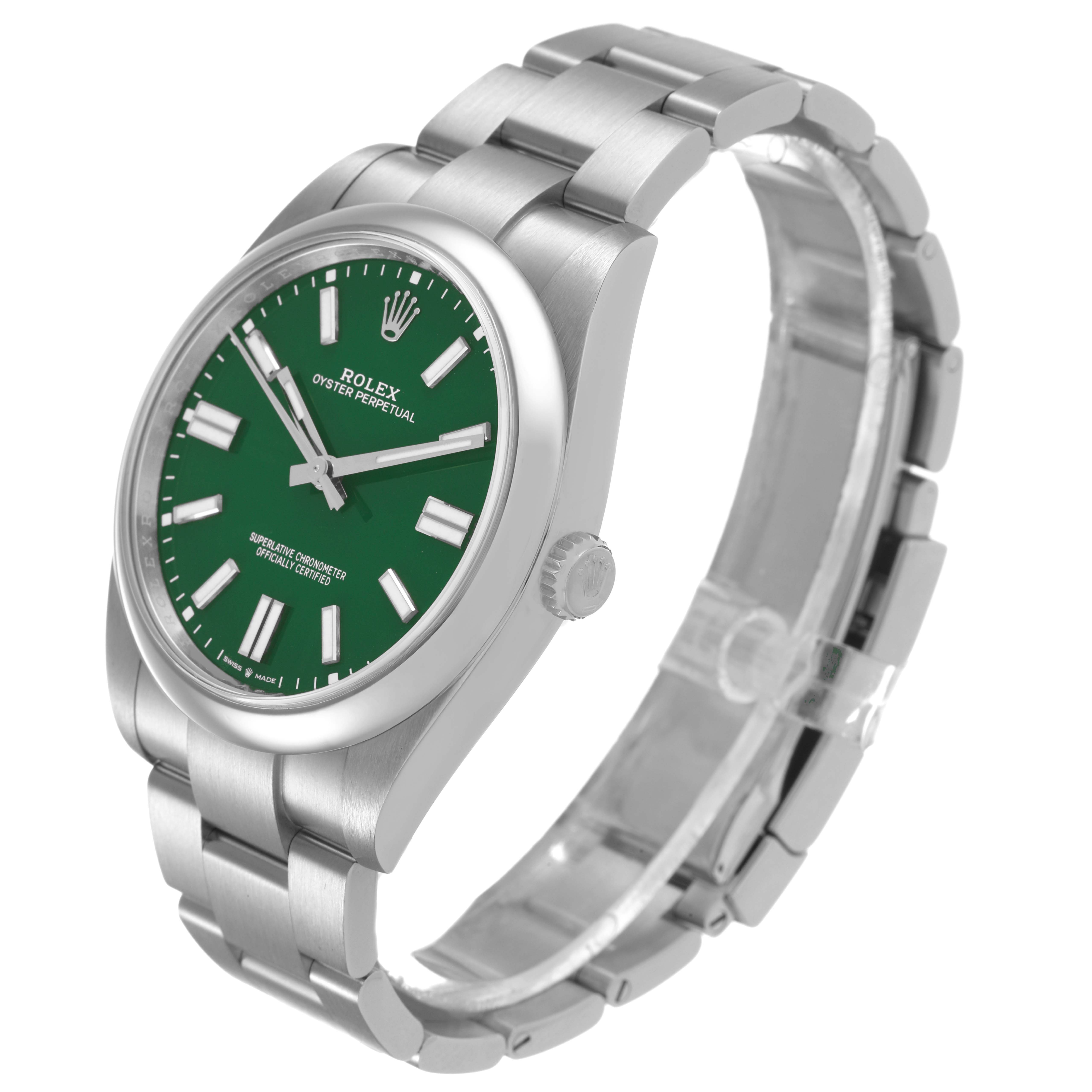 The Rolex Oyster Perpetual M124300-0005 Men's Stainless Steel Green Dial is shown at an angle displaying the face, crown, and bracelet clearly.