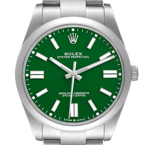 The Rolex Oyster Perpetual M124300-0005 Men's Stainless Steel Green Dial watch is shown from a front angle, displaying the green dial, hands, hour markers, and part of the bracelet.
