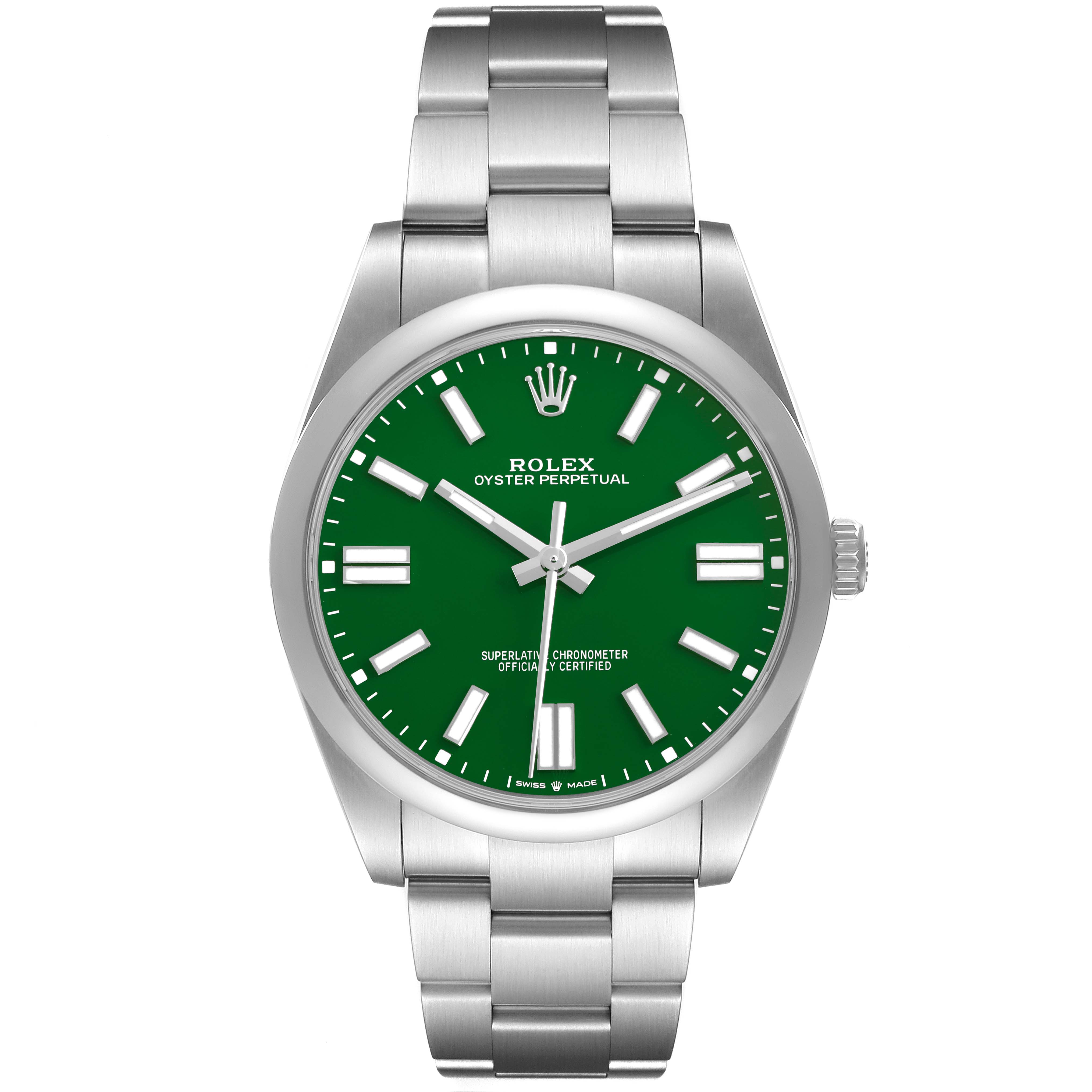 The Rolex Oyster Perpetual M124300-0005 Men's Stainless Steel Green Dial watch is shown from a front angle, highlighting the green dial and stainless steel bracelet.