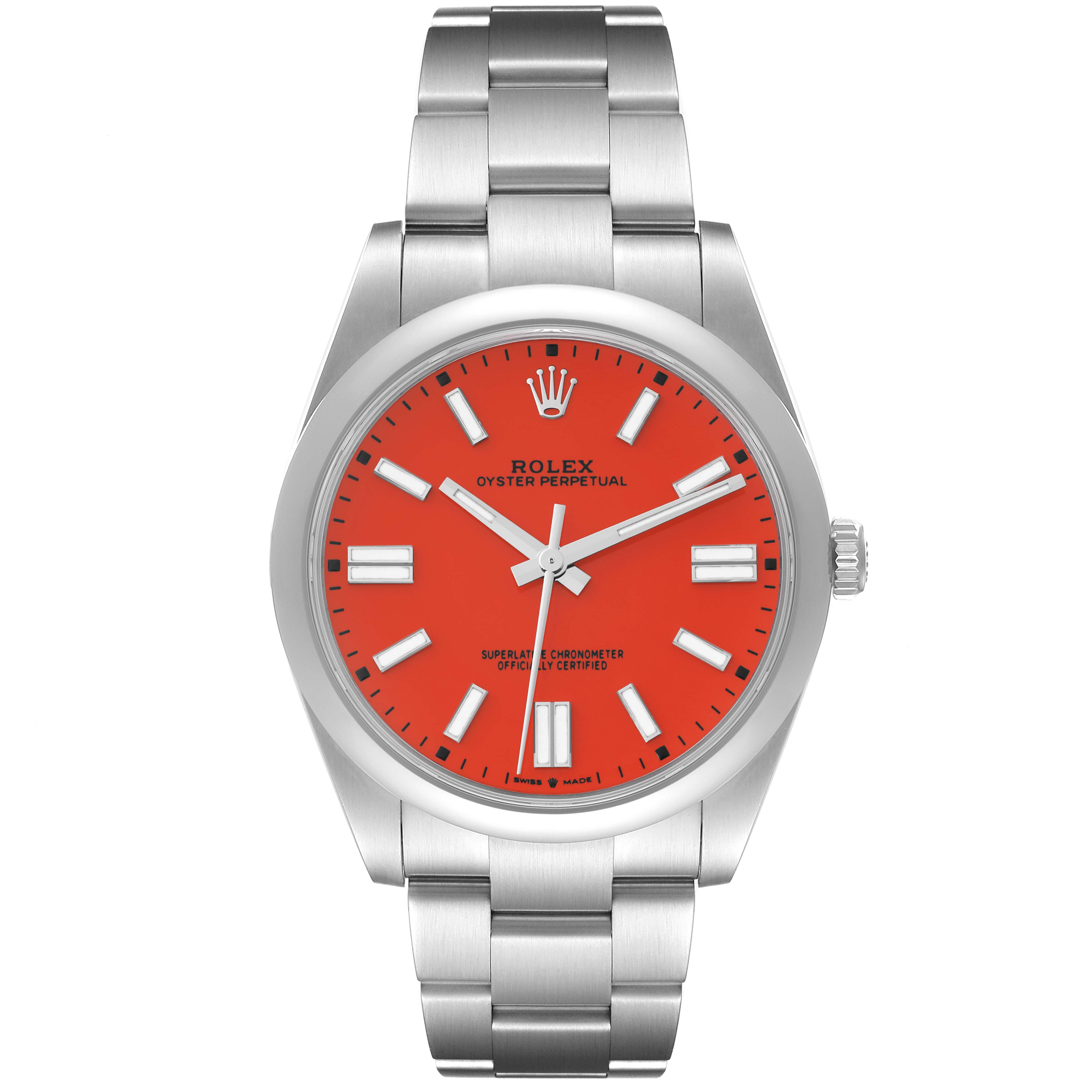 The image shows a front view of a Rolex Oyster Perpetual 124300 Men
s Stainless Steel Red Dial 124300 Men
s Stainless Steel Red Dial watch, displaying the dial, bezel, and bracelet.