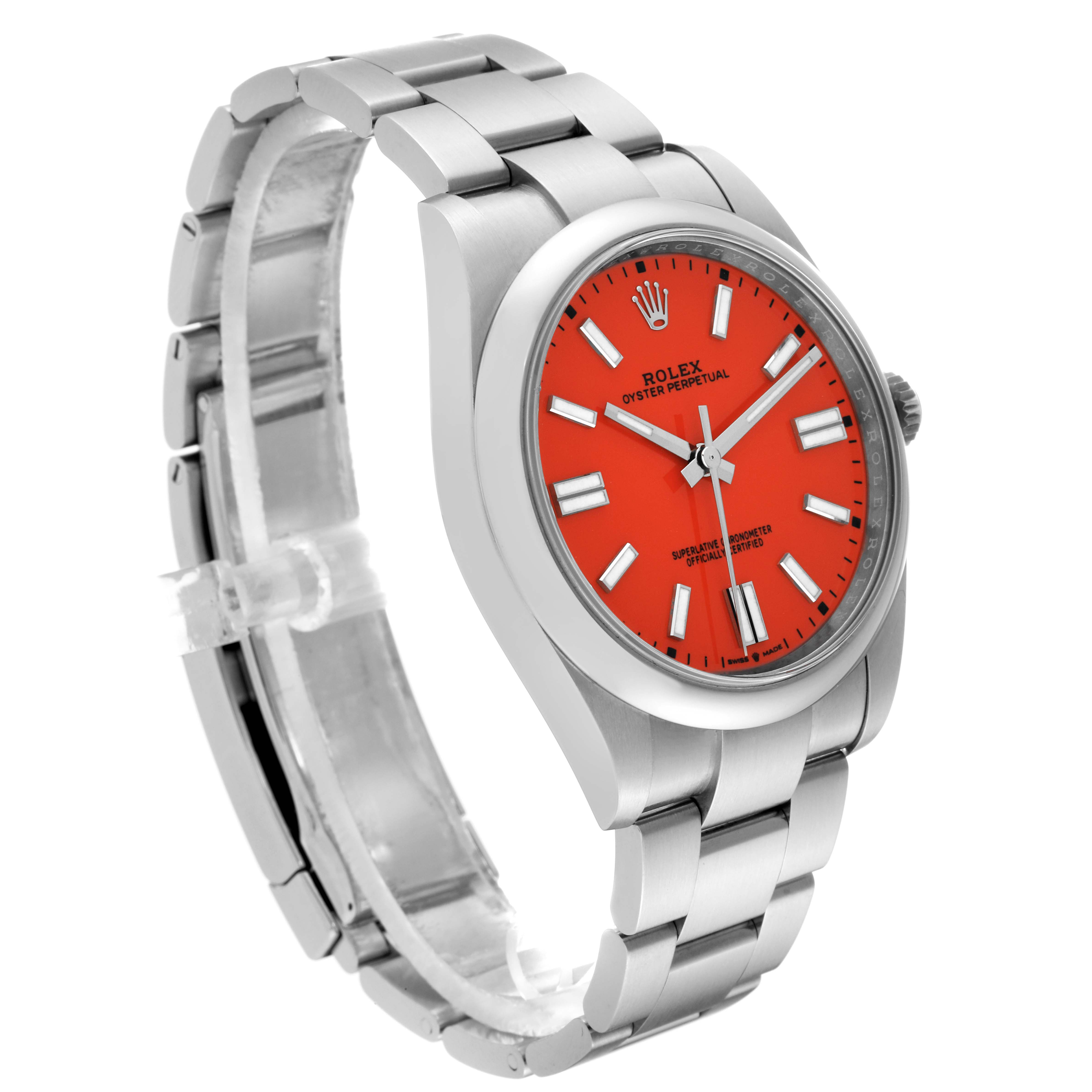 This image shows the Rolex Oyster Perpetual 124300 Men
s Stainless Steel Red Dial 124300 Men
s Stainless Steel Red Dial watch at a three-quarter view, highlighting its orange dial and stainless steel bracelet.