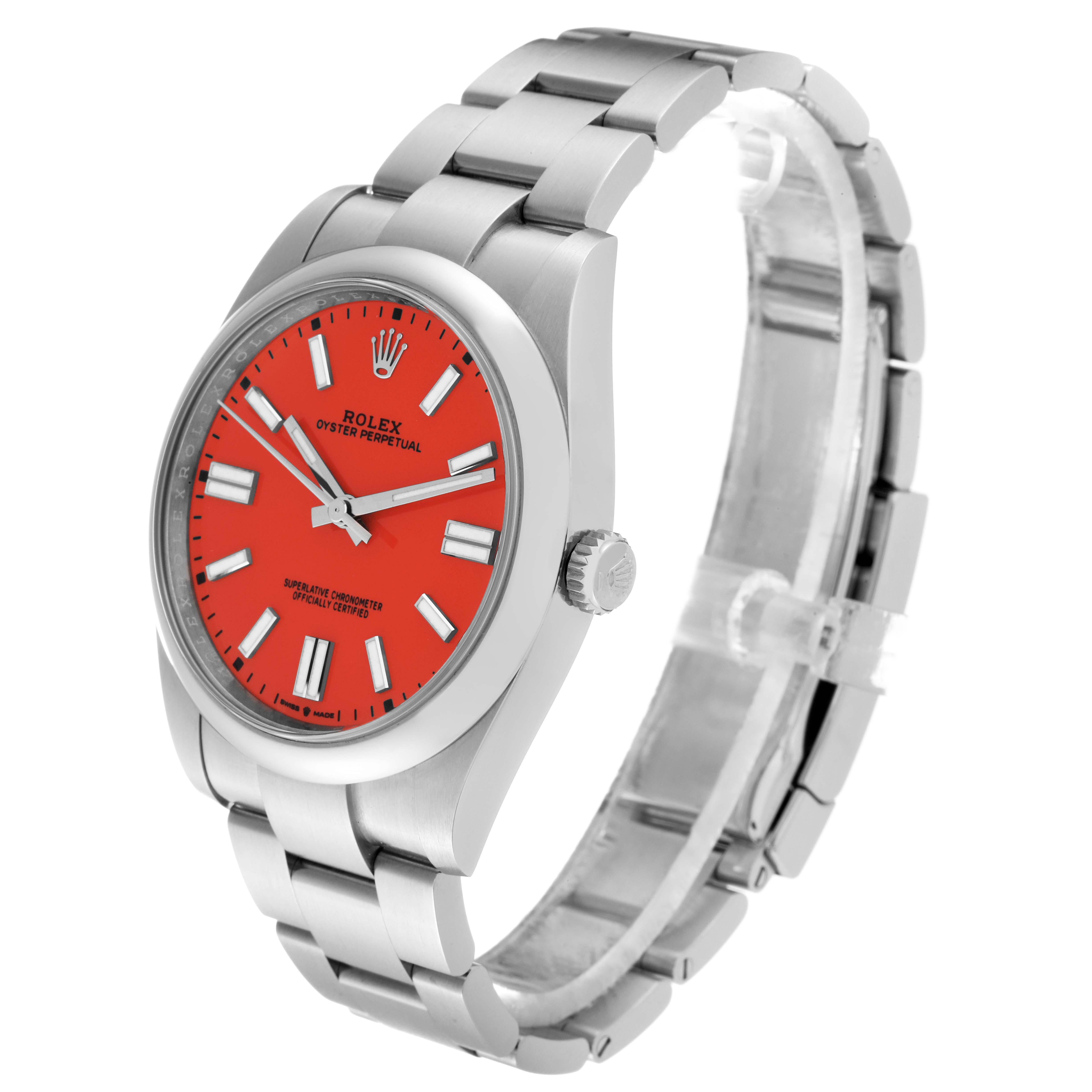 This image shows a side and front angle of the Rolex Oyster Perpetual 124300 Men
s Stainless Steel Red Dial 124300 Men
s Stainless Steel Red Dial watch with a red dial and stainless steel band.