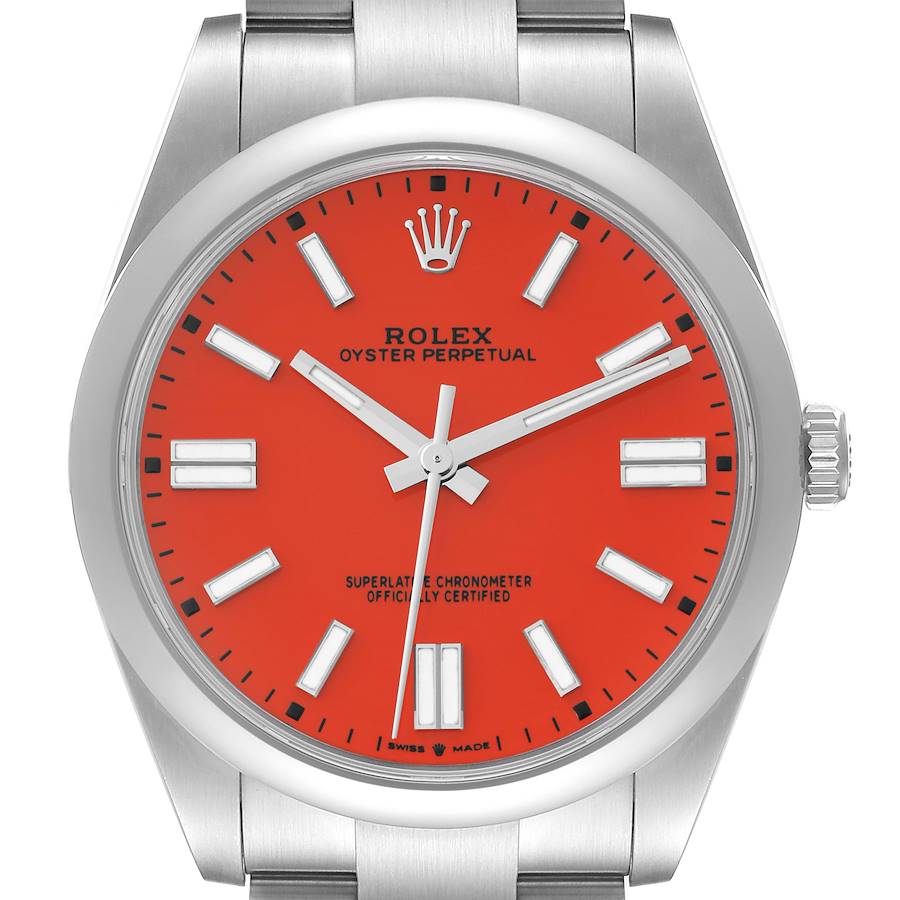 The image shows a front view of the Rolex Oyster Perpetual watch, highlighting the dial, hands, crown, and part of the bracelet.