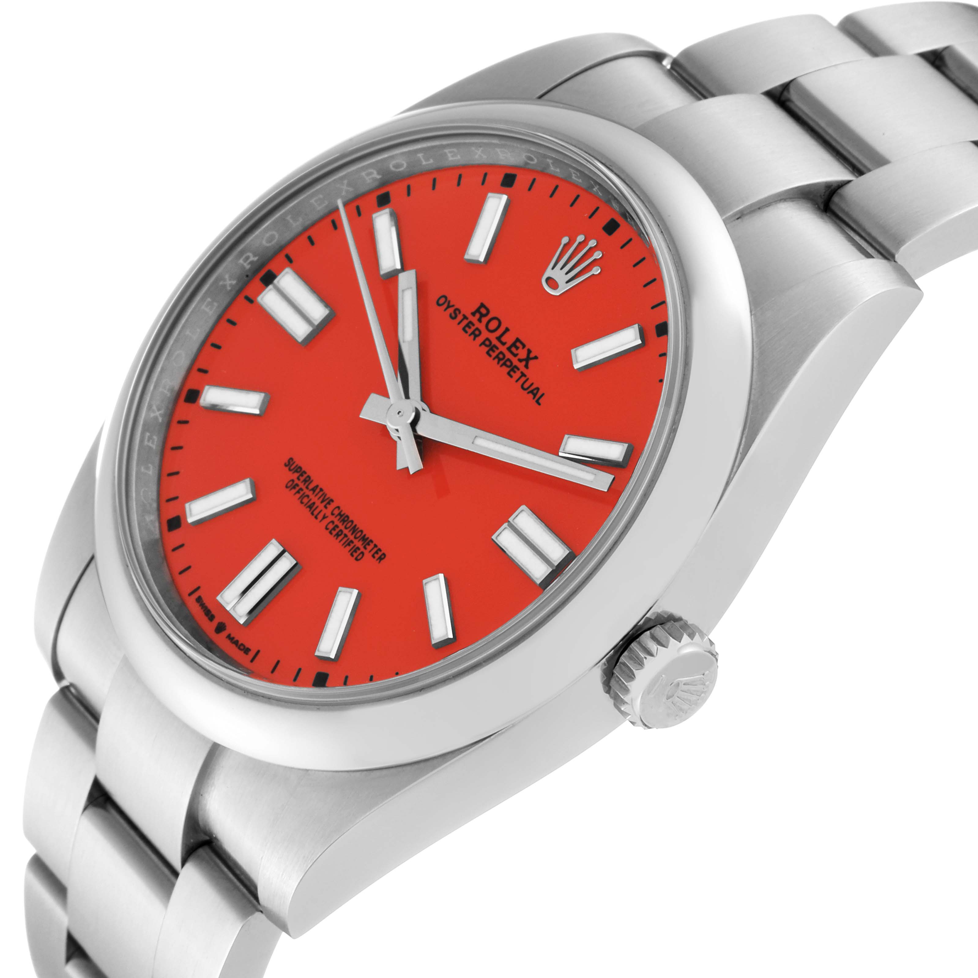 The image shows a side view of the Rolex Oyster Perpetual 124300 Men
s Stainless Steel Red Dial 124300 Men
s Stainless Steel Red Dial watch, highlighting the red dial, crown, and bracelet.