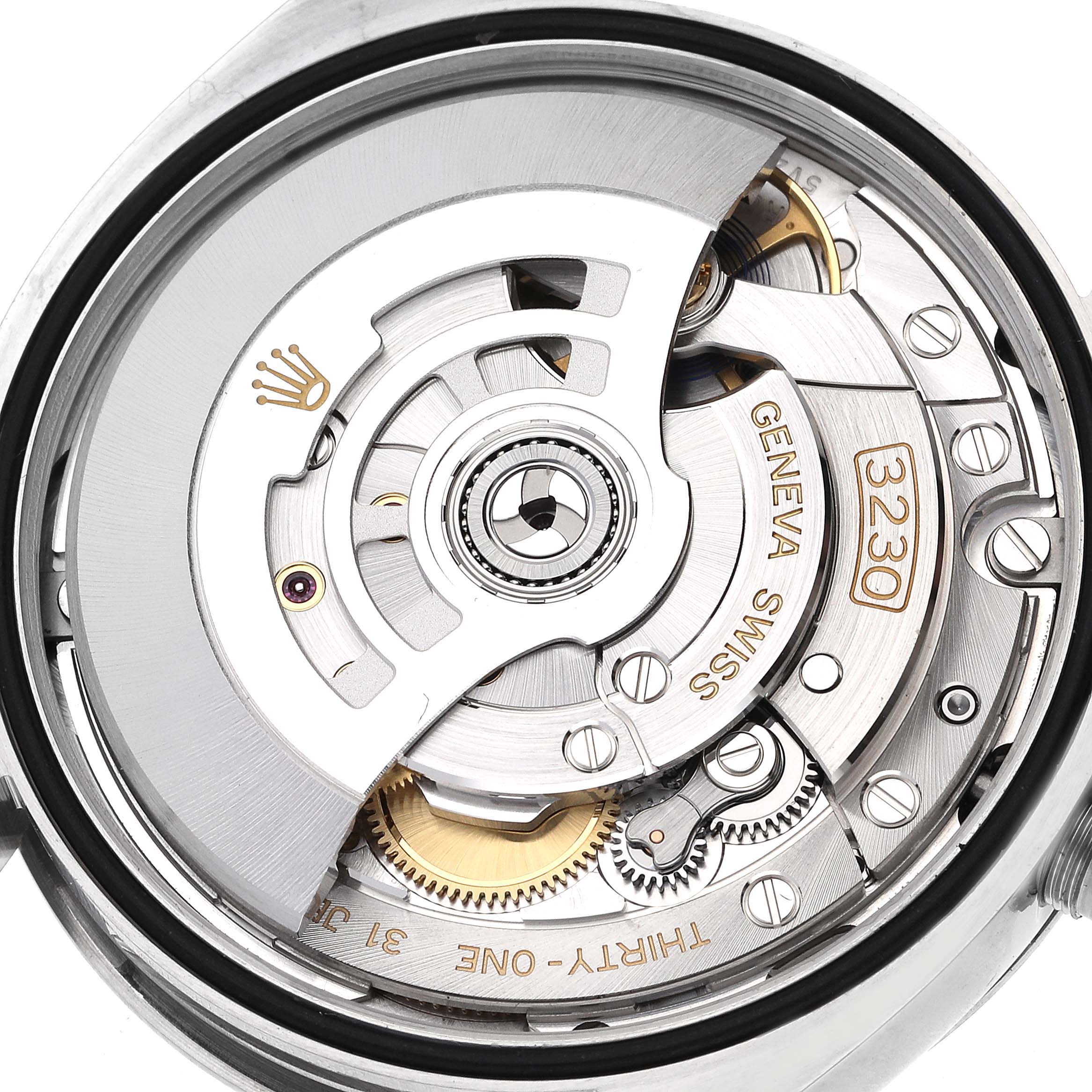This image shows the movement and internal mechanism of the Rolex Oyster Perpetual 126000 Men
s Stainless Steel Blue Dial 126000 Men
s Stainless Steel Blue Dial watch from a back view.