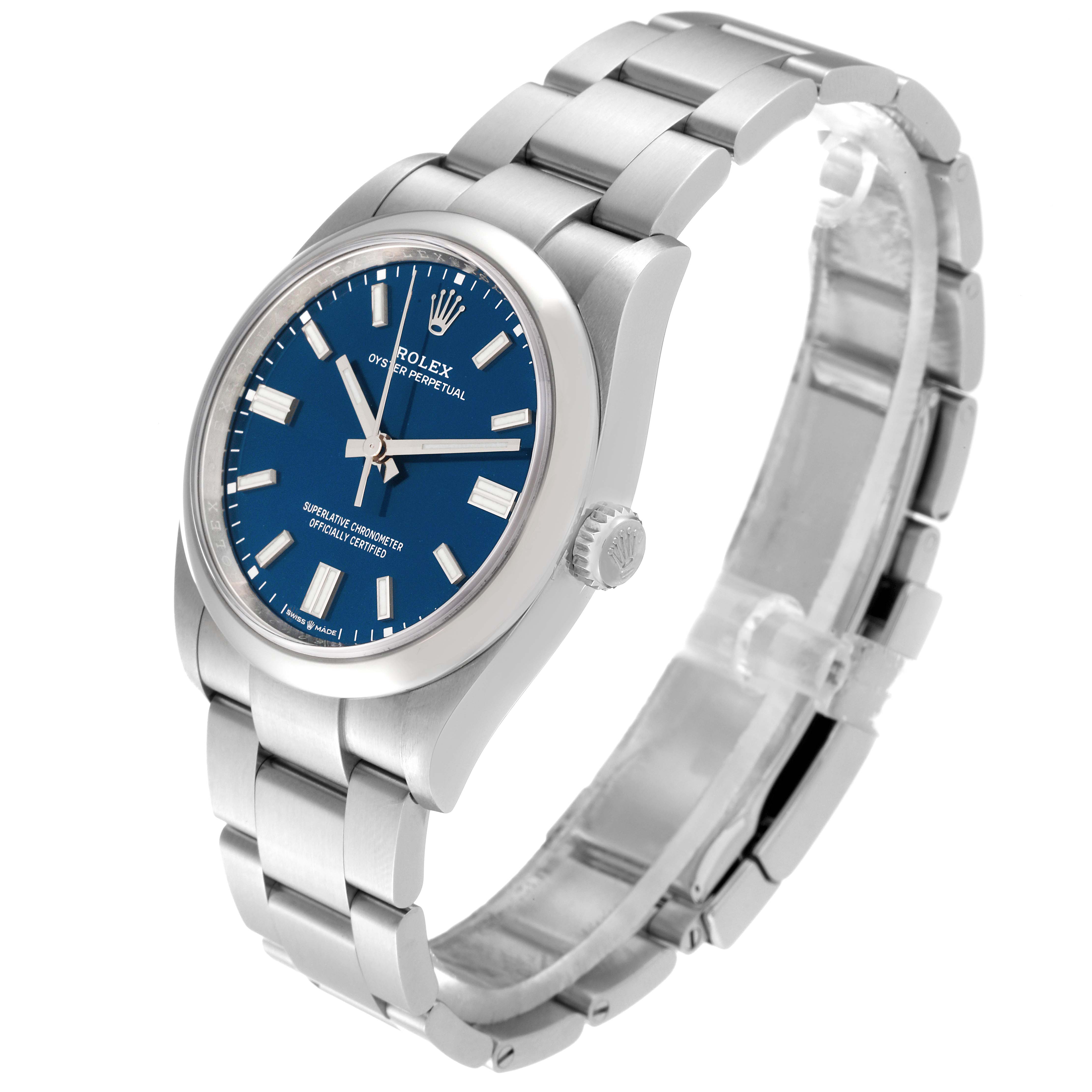 This is a side angle view of the Rolex Oyster Perpetual 126000 Men
s Stainless Steel Blue Dial 126000 Men
s Stainless Steel Blue Dial watch featuring a blue dial and stainless steel bracelet.