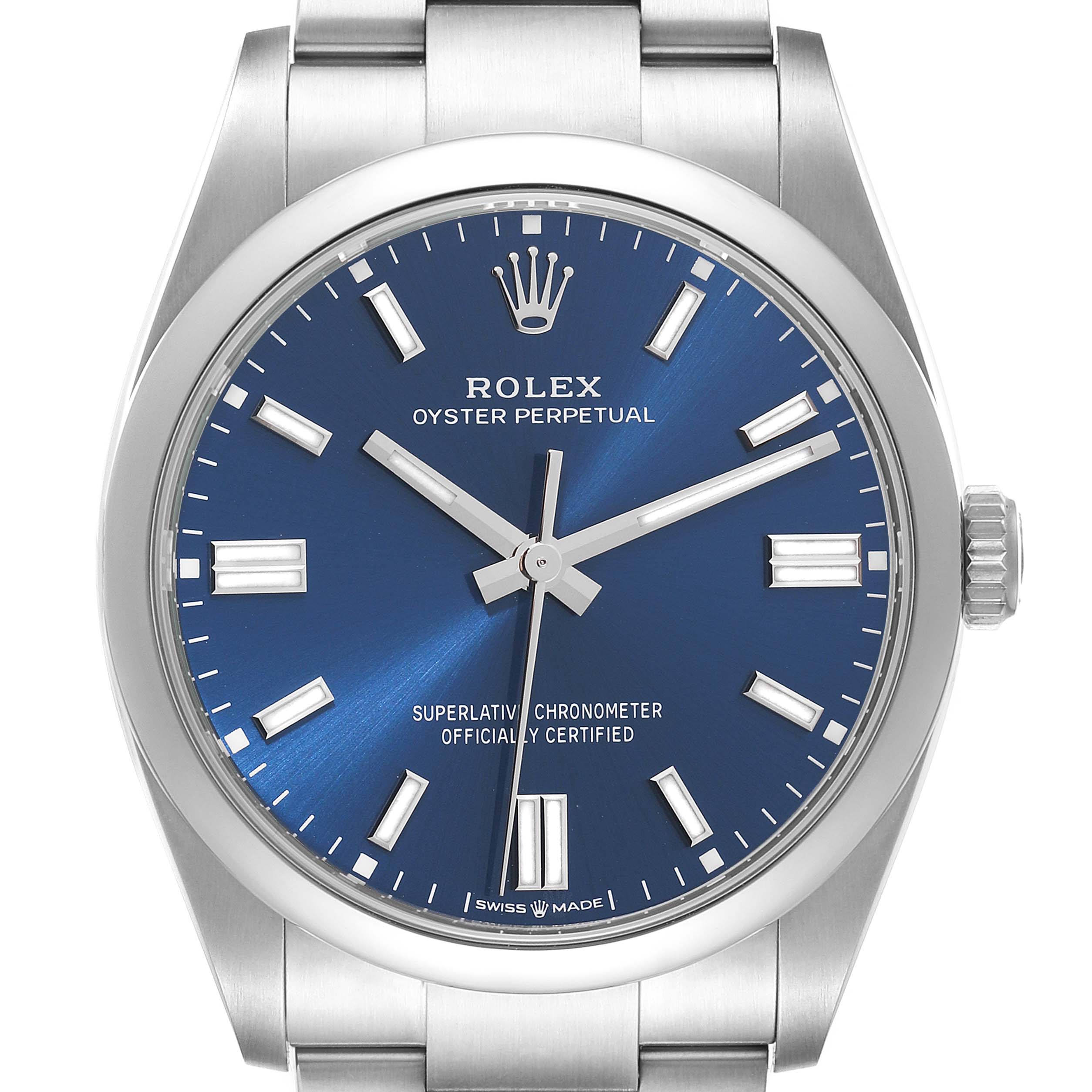 This image shows a front view of the Rolex Oyster Perpetual 126000 Men
s Stainless Steel Blue Dial 126000 Men
s Stainless Steel Blue Dial watch with a blue dial and stainless steel bracelet.