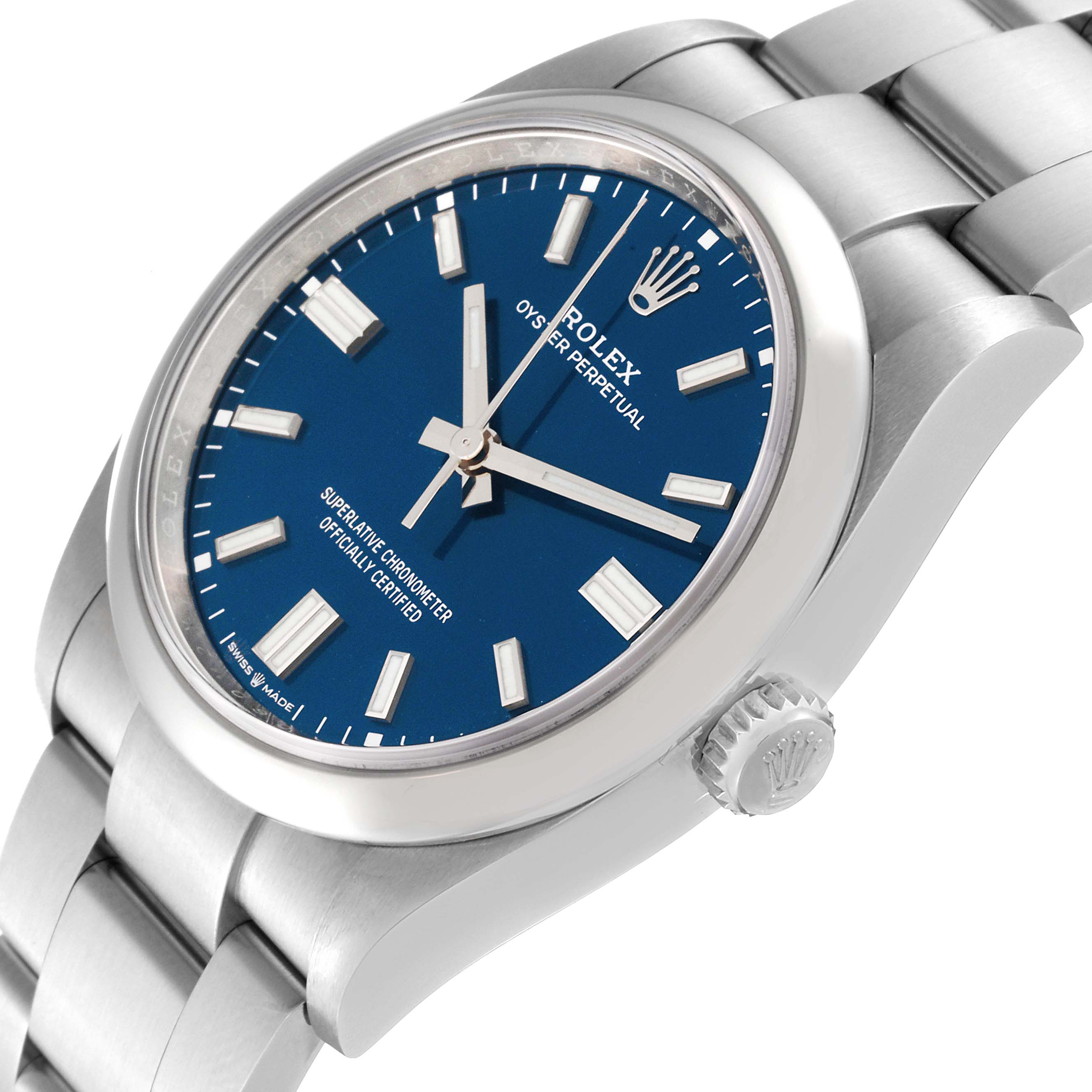 The Rolex Oyster Perpetual 126000 Men
s Stainless Steel Blue Dial 126000 Men
s Stainless Steel Blue Dial is shown at an angle, highlighting the dial, bezel, crown, and part of the bracelet.