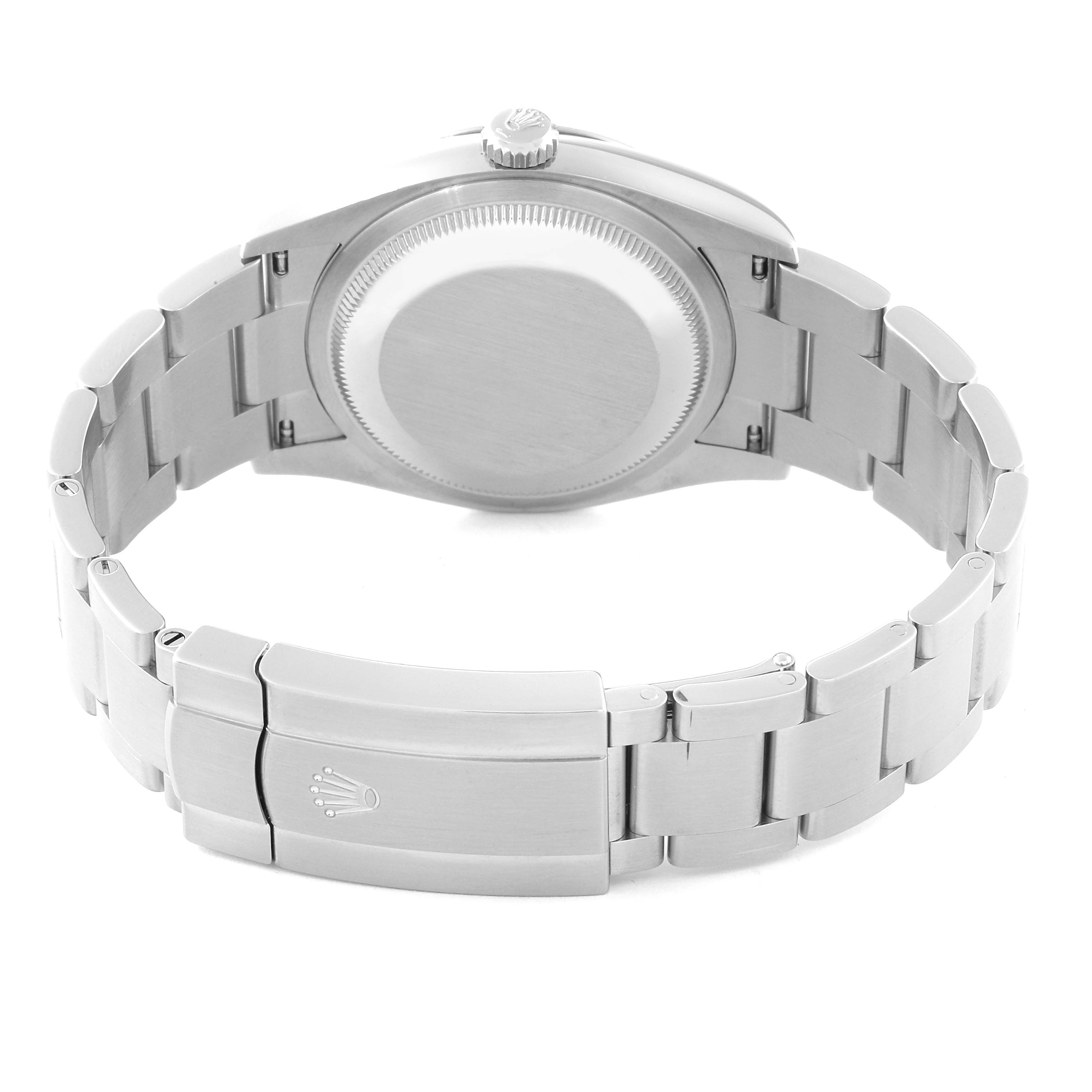 The image shows the back view of a Rolex Oyster Perpetual 126000 Men
s Stainless Steel Blue Dial 126000 Men
s Stainless Steel Blue Dial watch highlighting the case back, crown, and bracelet.