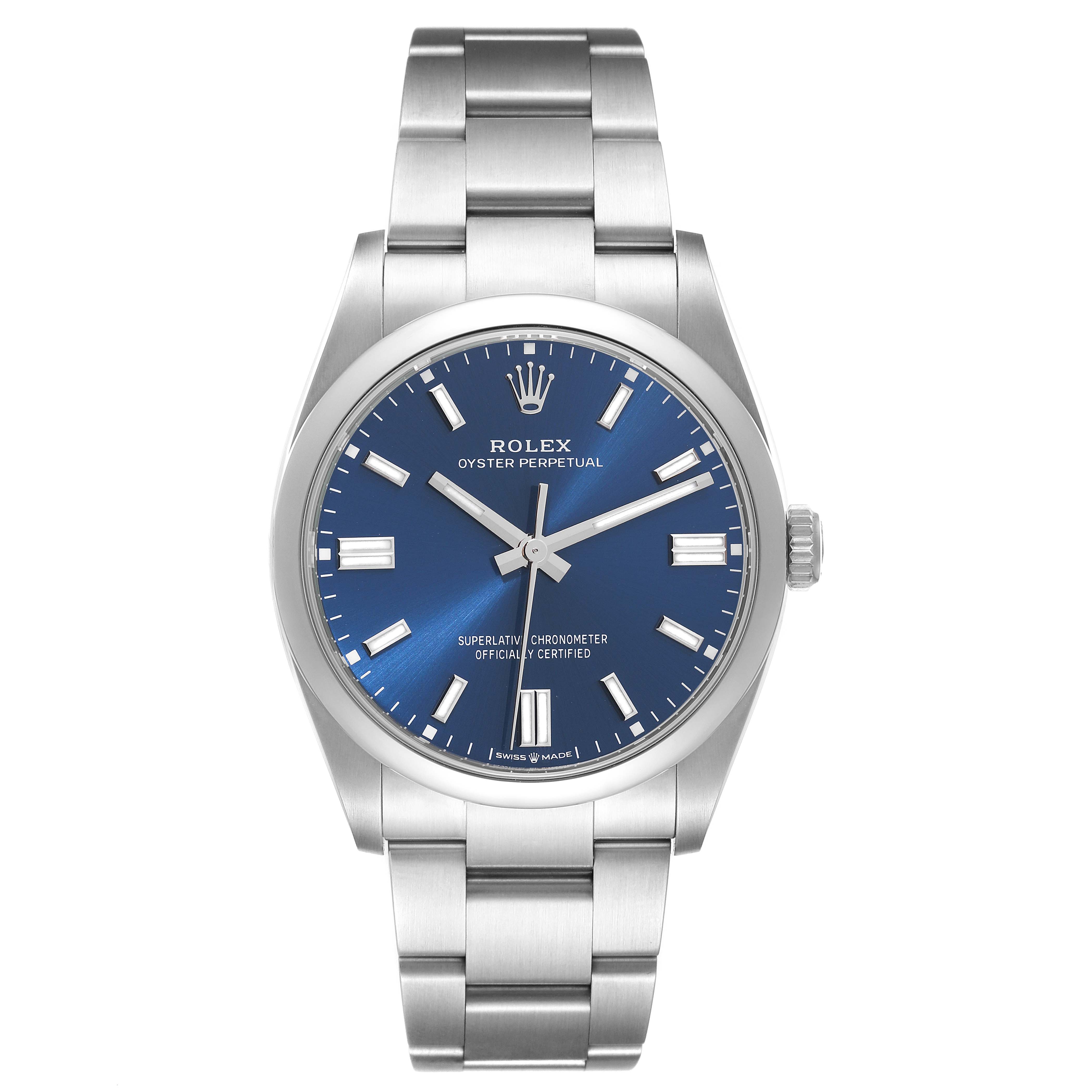 The image shows a front view of a Rolex Oyster Perpetual 126000 Men
s Stainless Steel Blue Dial 126000 Men
s Stainless Steel Blue Dial watch, highlighting its blue dial, stainless steel case, and bracelet.
