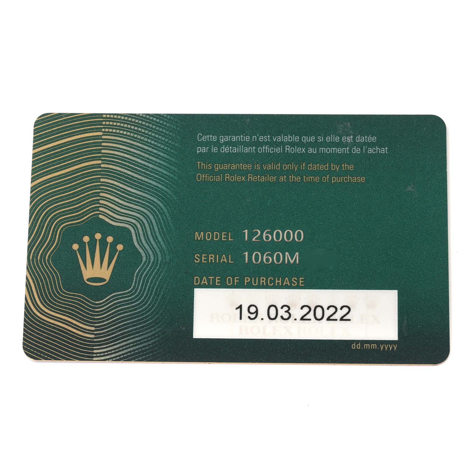 This image shows a Rolex Oyster Perpetual 126000 Men
s Stainless Steel Blue Dial 126000 Men
s Stainless Steel Blue Dial warranty card with model number 126000 and purchase date of 19.03.2022.