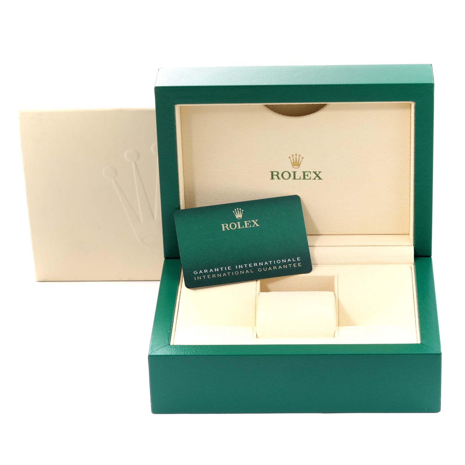 The image shows the open box and international warranty card for a Rolex Oyster Perpetual 126000 Men
s Stainless Steel Blue Dial 126000 Men
s Stainless Steel Blue Dial watch, viewed from the front.