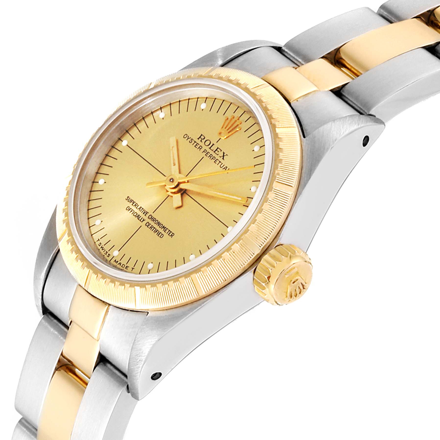 The image shows a side angle of a Rolex Oyster Perpetual 67243 Women
s Steel and Gold (two tone) Champagne Dial 67243 Women
s Steel and Gold (two tone) Champagne Dial watch, highlighting its bezel, dial, crown, and part of the bracelet.