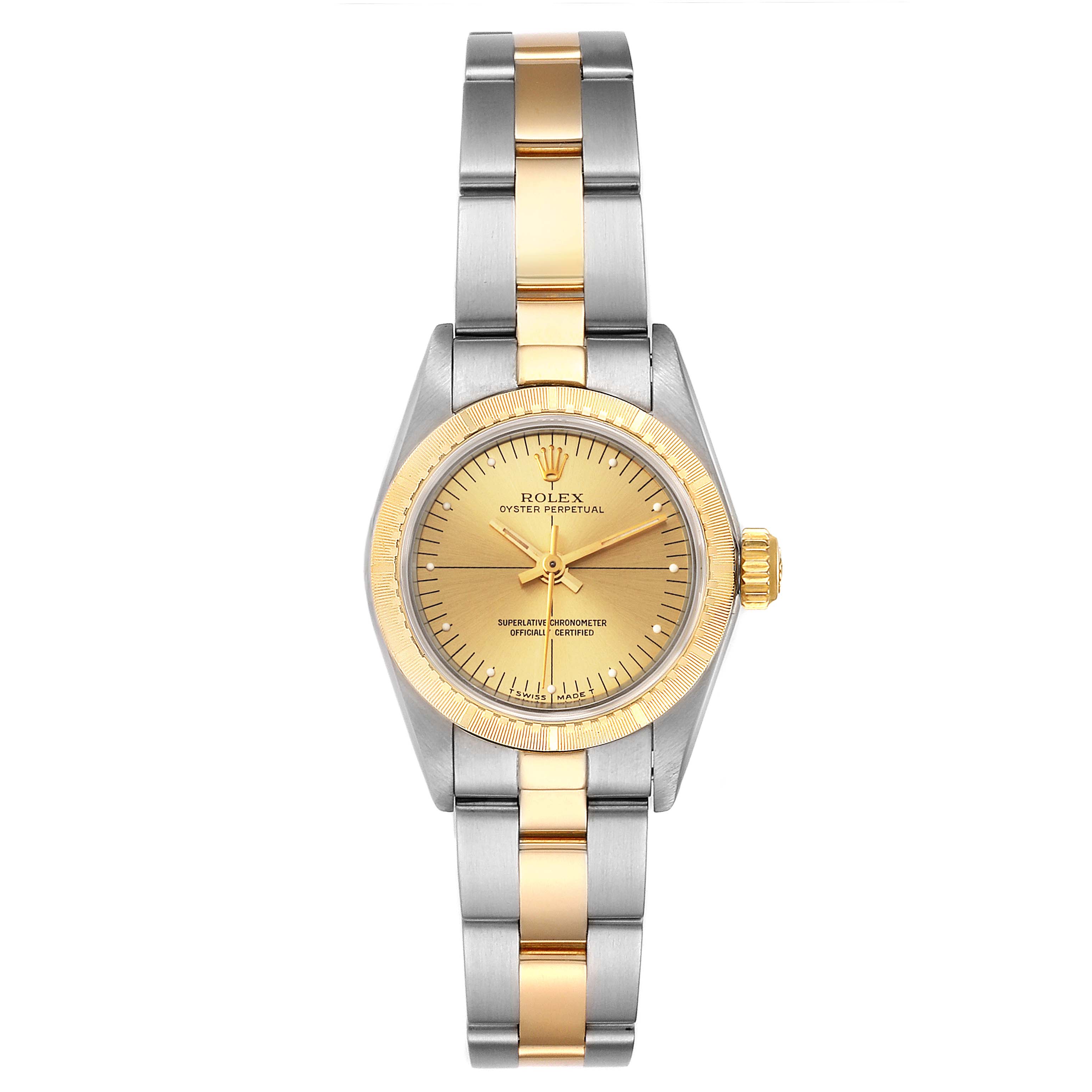 The image shows a front view of a Rolex Oyster Perpetual 67243 Women
s Steel and Gold (two tone) Champagne Dial 67243 Women
s Steel and Gold (two tone) Champagne Dial watch with a gold and silver bracelet.
