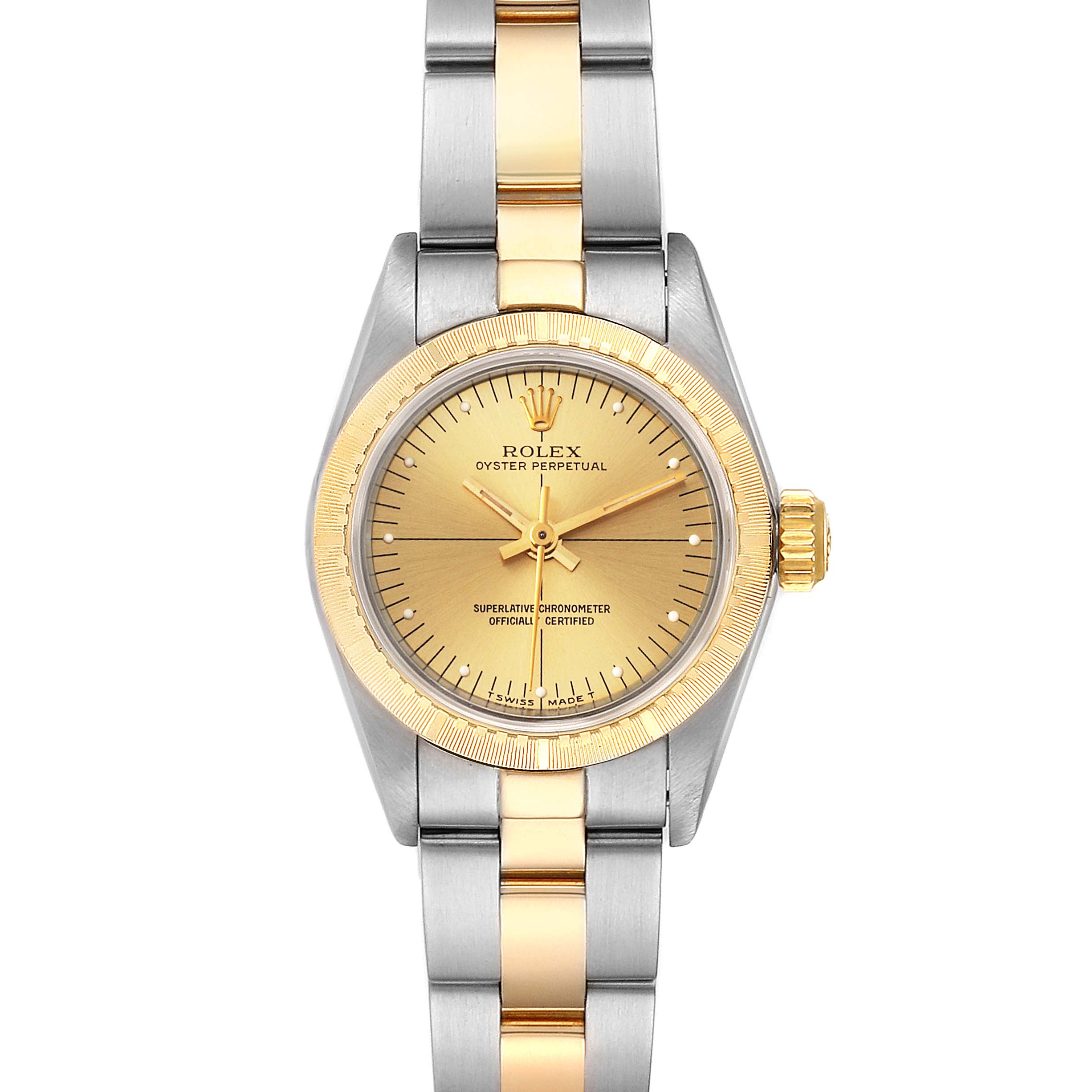 This is a front view of a Rolex Oyster Perpetual 67243 Women
s Steel and Gold (two tone) Champagne Dial 67243 Women
s Steel and Gold (two tone) Champagne Dial watch showing the dial, case, bezel, and bracelet.
