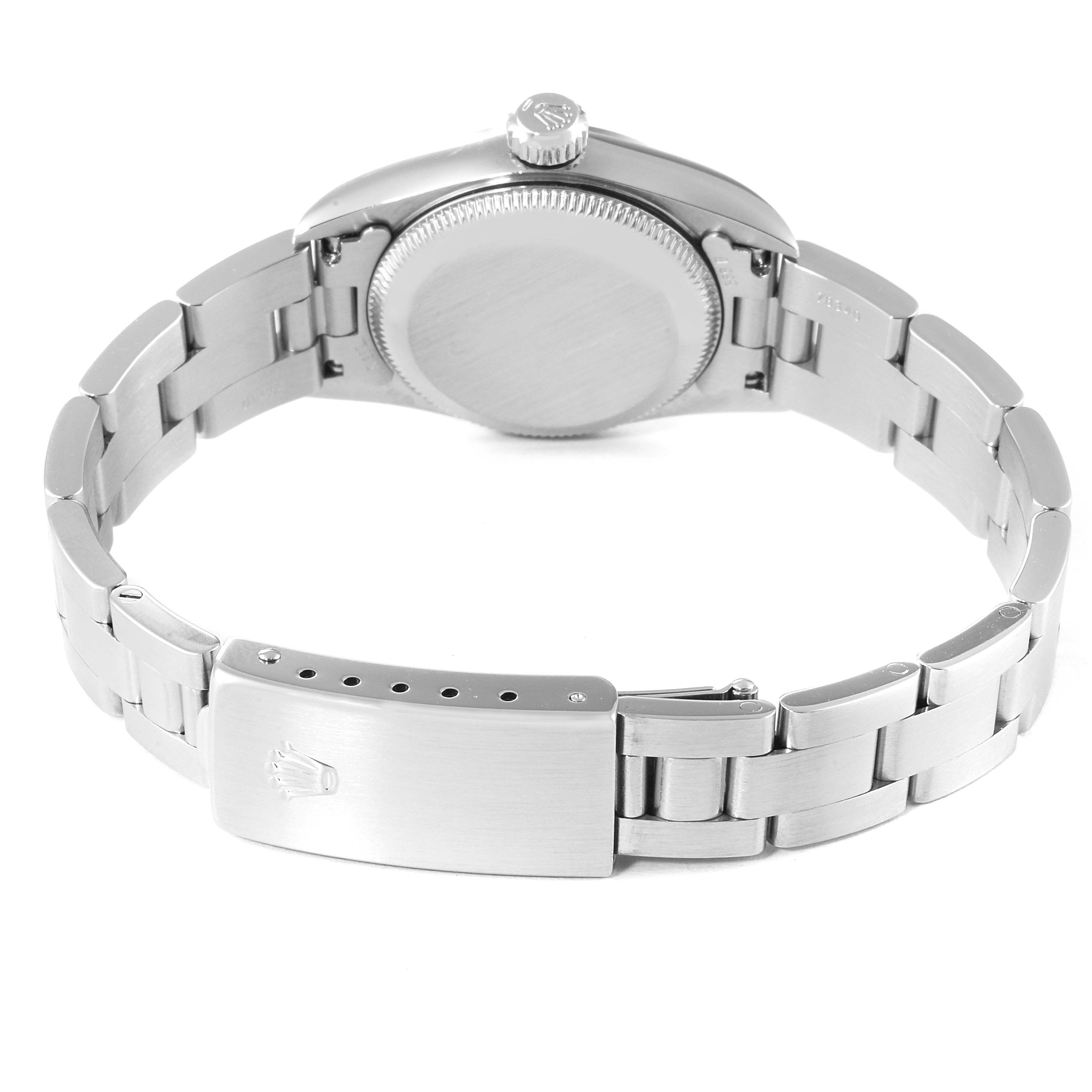 This image shows the back view of a Rolex Oyster Perpetual 67180 Women's Stainless Steel Blue Dial 67180 Women's Stainless Steel Blue Dial watch, highlighting the clasp, case back, and bracelet.