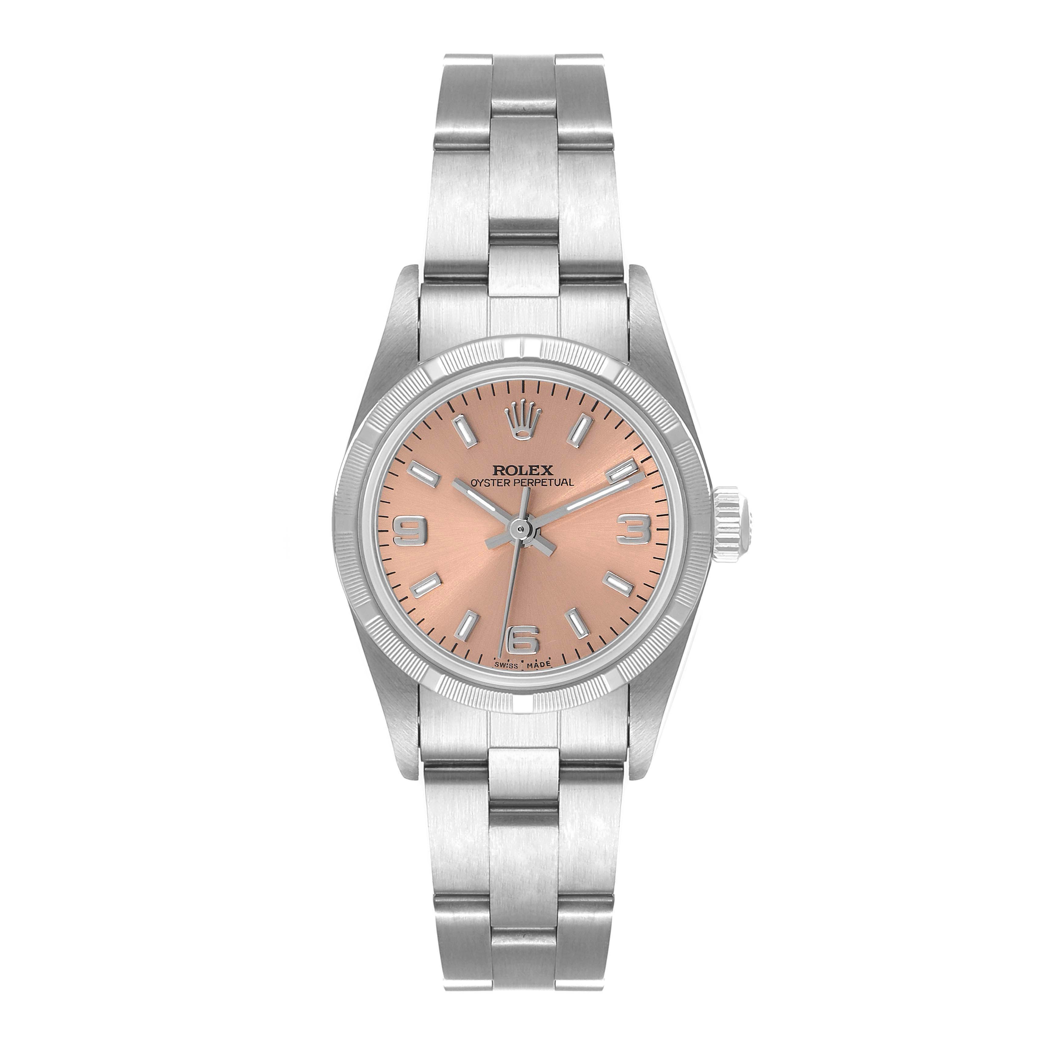The image shows a front view of a Rolex Oyster Perpetual 76030 Women
s Stainless Steel Pink Dial 76030 Women
s Stainless Steel Pink Dial watch showcasing its dial, bezel, and bracelet.