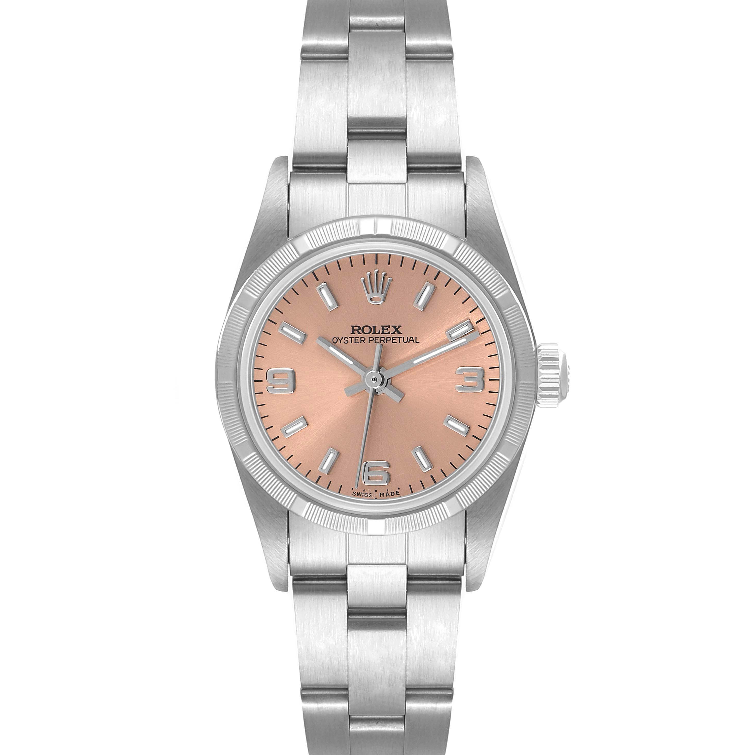 This image shows a frontal view of the Rolex Oyster Perpetual 76030 Women
s Stainless Steel Pink Dial 76030 Women
s Stainless Steel Pink Dial watch, displaying its dial and bracelet.