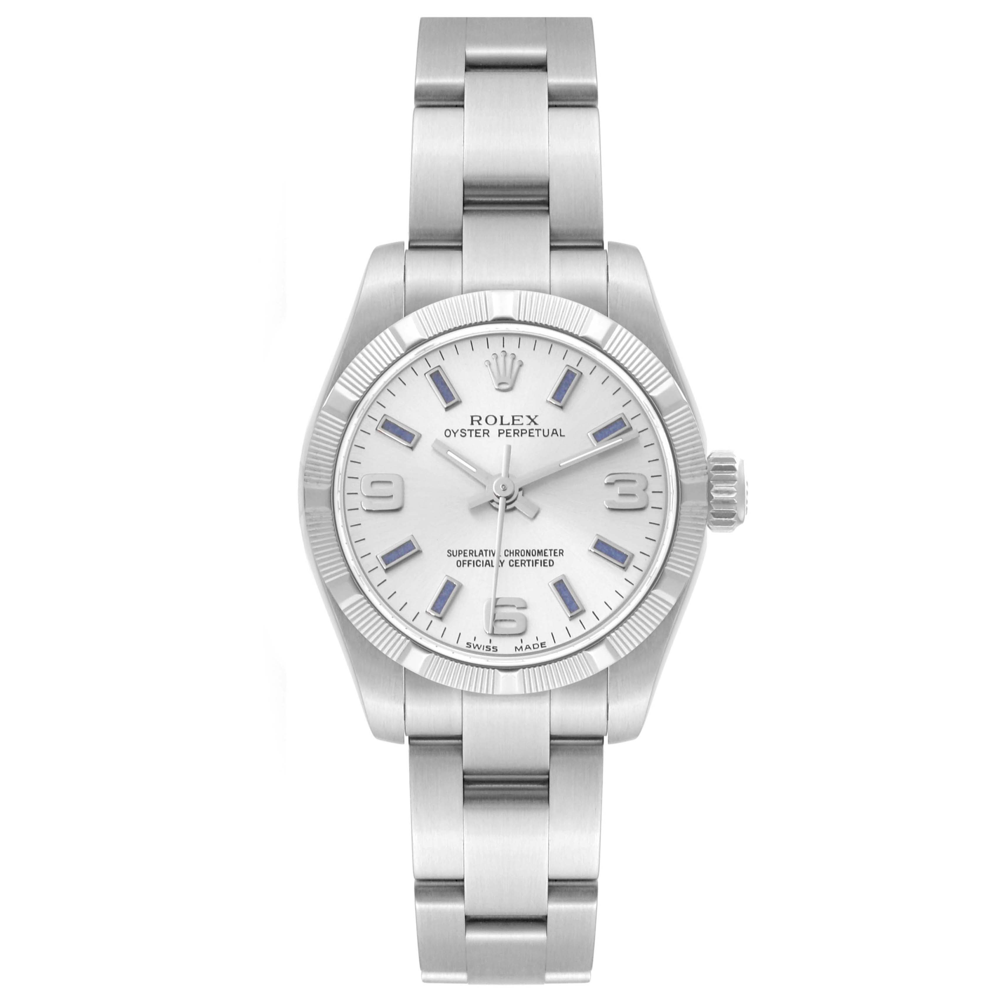 The Rolex Oyster Perpetual 176210 Women's Stainless Steel Silver Dial 176210 Women's Stainless Steel Silver Dial watch is shown from a top-down angle, highlighting the dial, bezel, and bracelet.