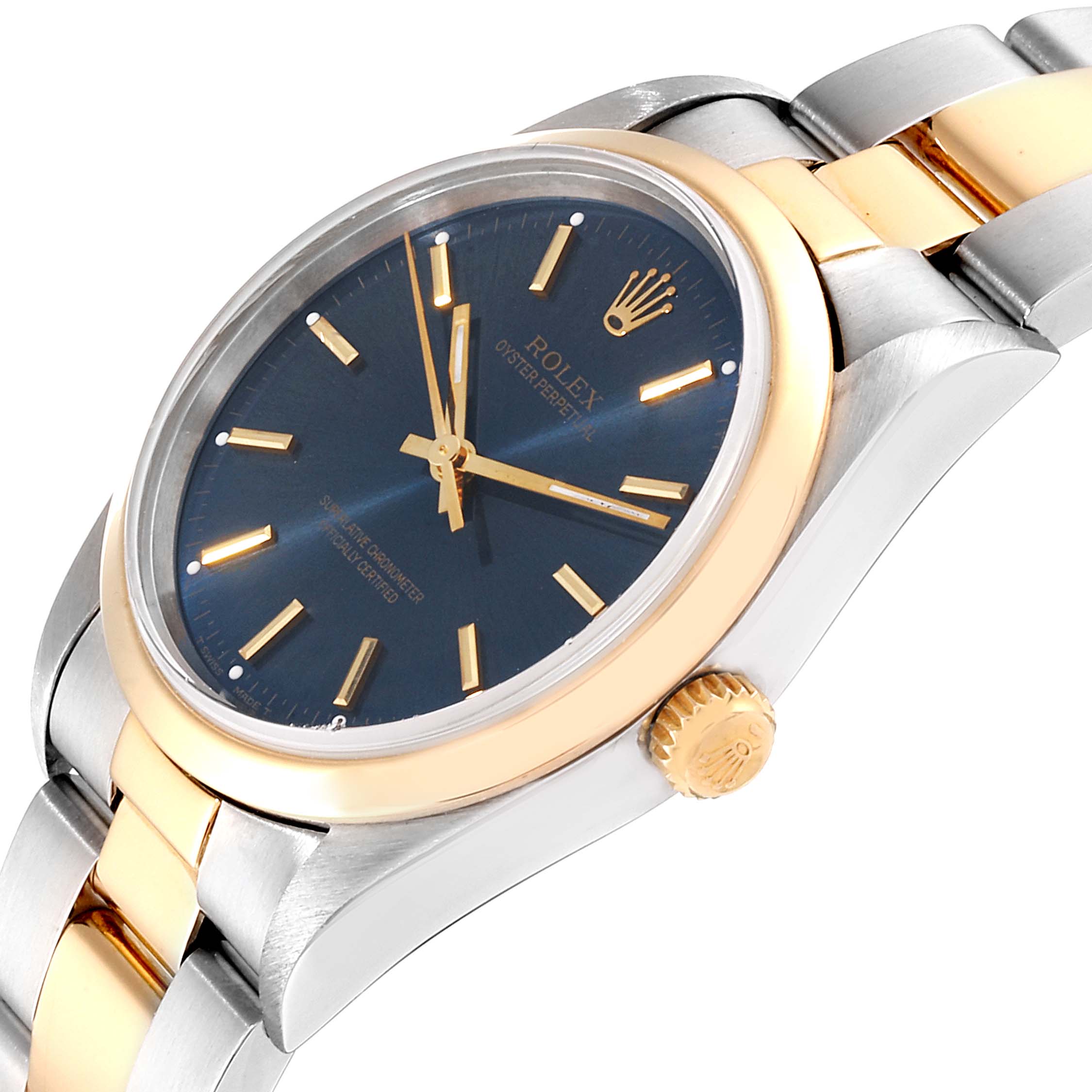 The image shows the Rolex Oyster Perpetual 14203 Men's Steel and Gold (two tone) Blue Dial 14203 Men's Steel and Gold (two tone) Blue Dial watch at a slightly angled side view, displaying its face, bezel, and a portion of the bracelet.