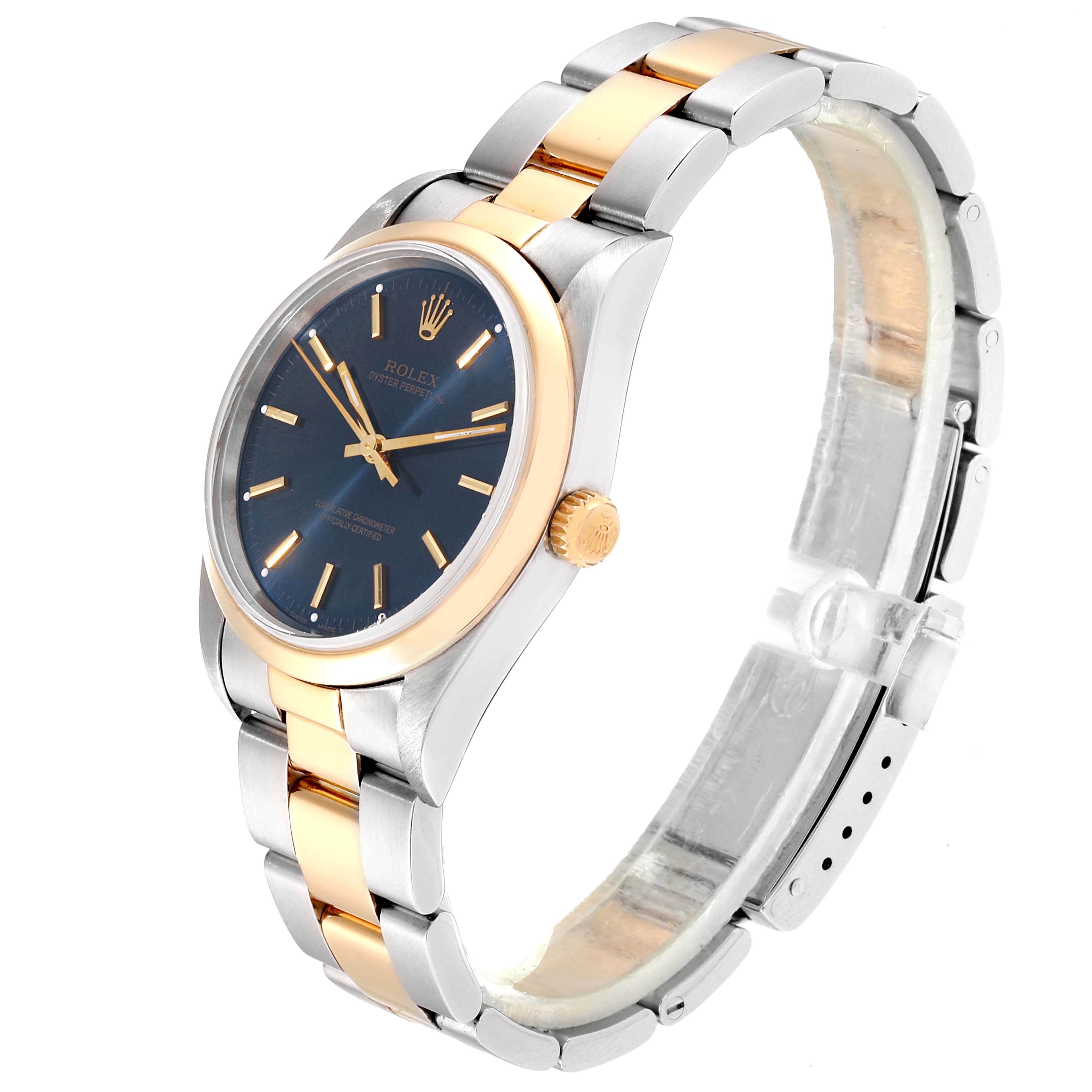 This is a Rolex Oyster Perpetual 14203 Men's Steel and Gold (two tone) Blue Dial 14203 Men's Steel and Gold (two tone) Blue Dial watch shown at a 30-degree angle, highlighting its two-tone bracelet and blue dial.