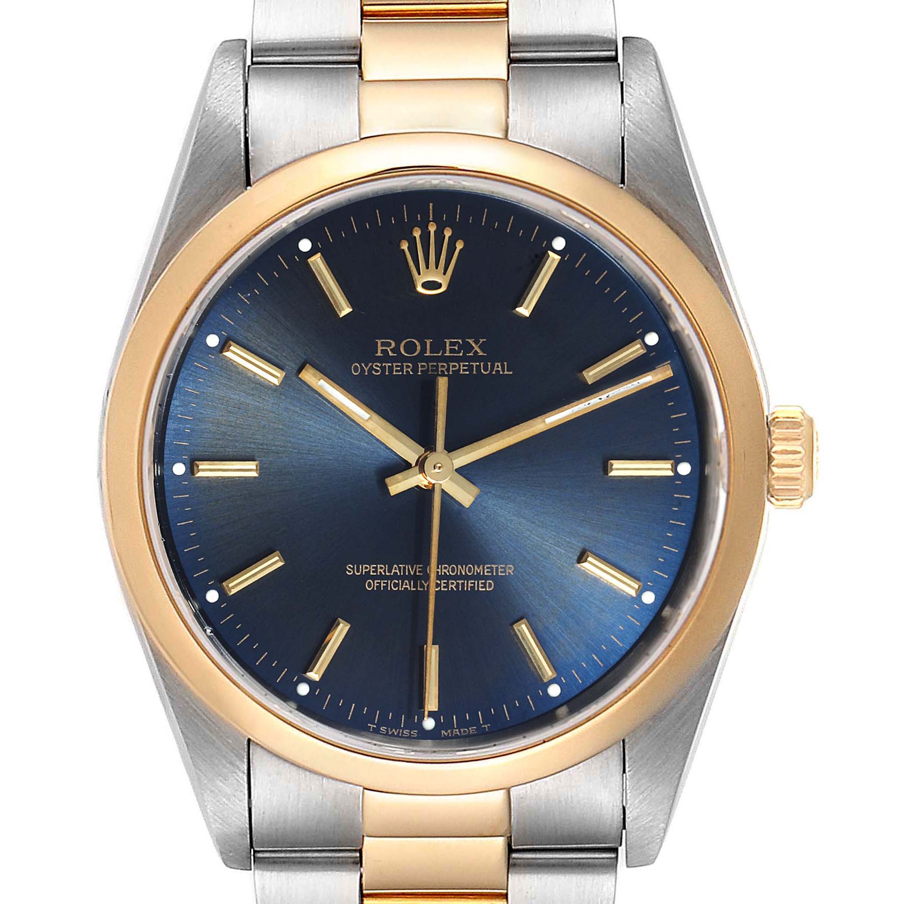The image shows a frontal view of a Rolex Oyster Perpetual 14203 Men's Steel and Gold (two tone) Blue Dial 14203 Men's Steel and Gold (two tone) Blue Dial watch with a blue dial and a two-tone metal bracelet.