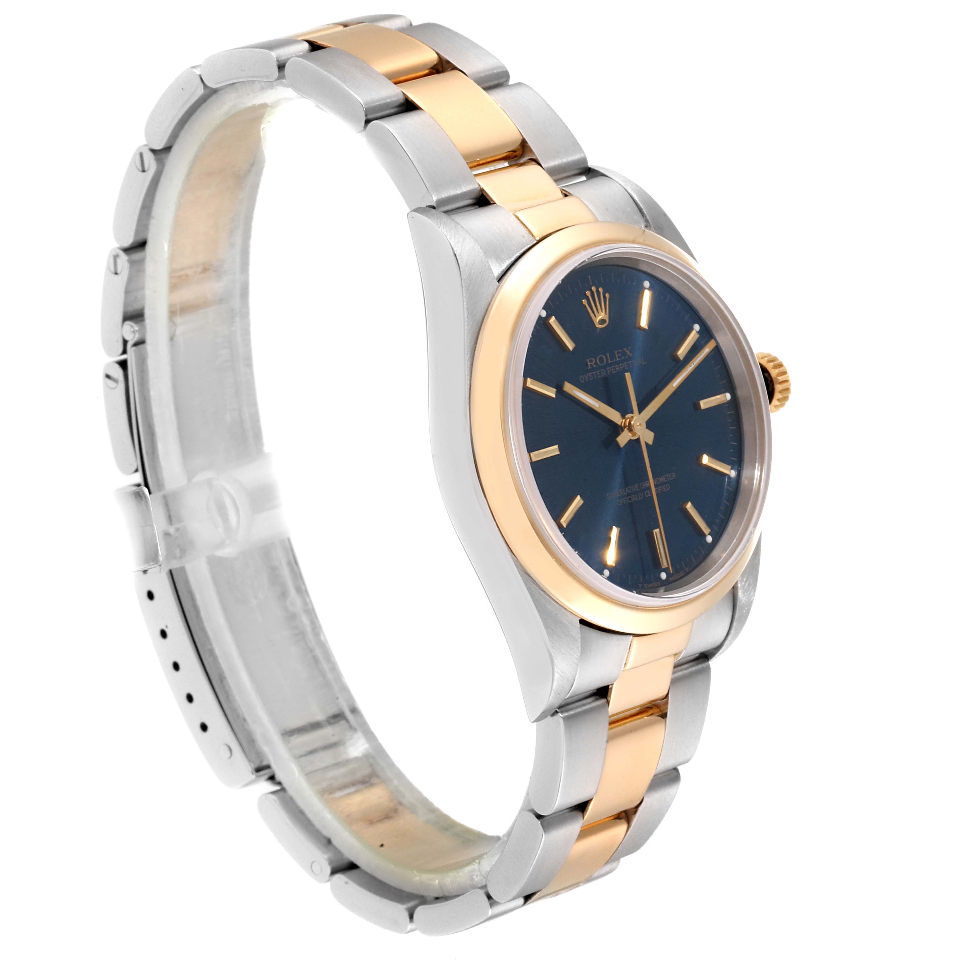 The image shows a side angle view of a Rolex Oyster Perpetual 14203 Men's Steel and Gold (two tone) Blue Dial 14203 Men's Steel and Gold (two tone) Blue Dial watch, highlighting the two-tone metal bracelet and blue dial.