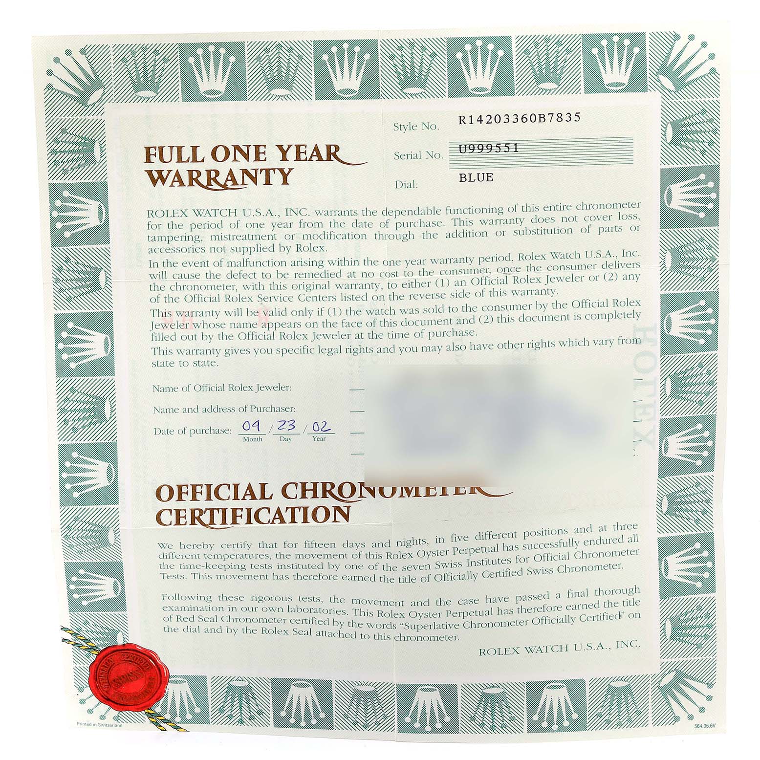 This image shows a warranty card for a Rolex Oyster Perpetual 14203 Men's Steel and Gold (two tone) Blue Dial 14203 Men's Steel and Gold (two tone) Blue Dial watch.