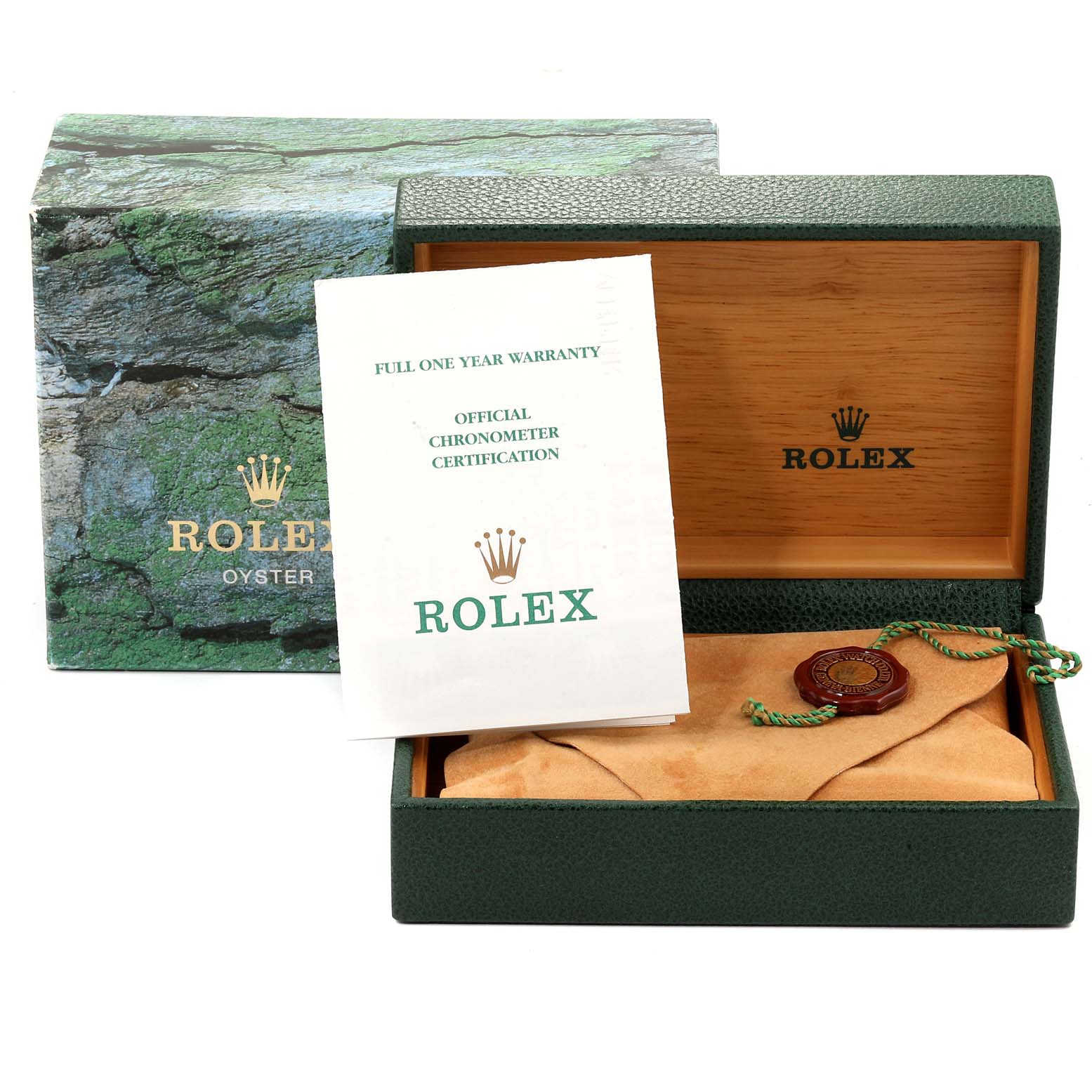 The image shows the Rolex Oyster Perpetual 14203 Men's Steel and Gold (two tone) Blue Dial 14203 Men's Steel and Gold (two tone) Blue Dial packaging, warranty booklet, and a certification tag.