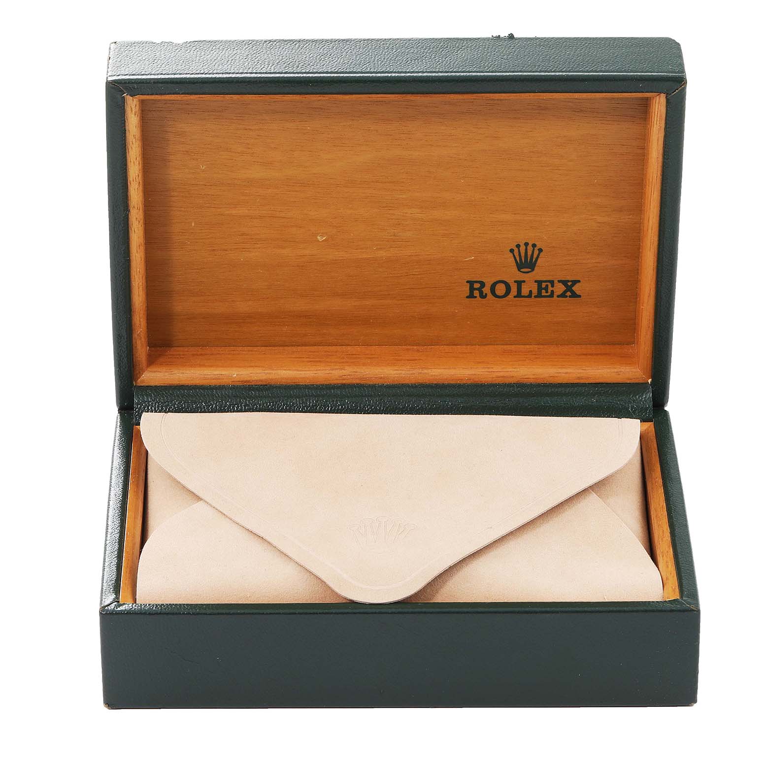 The image shows an open Rolex watch box for the Oyster Perpetual model, revealing an inner leather pouch inside.