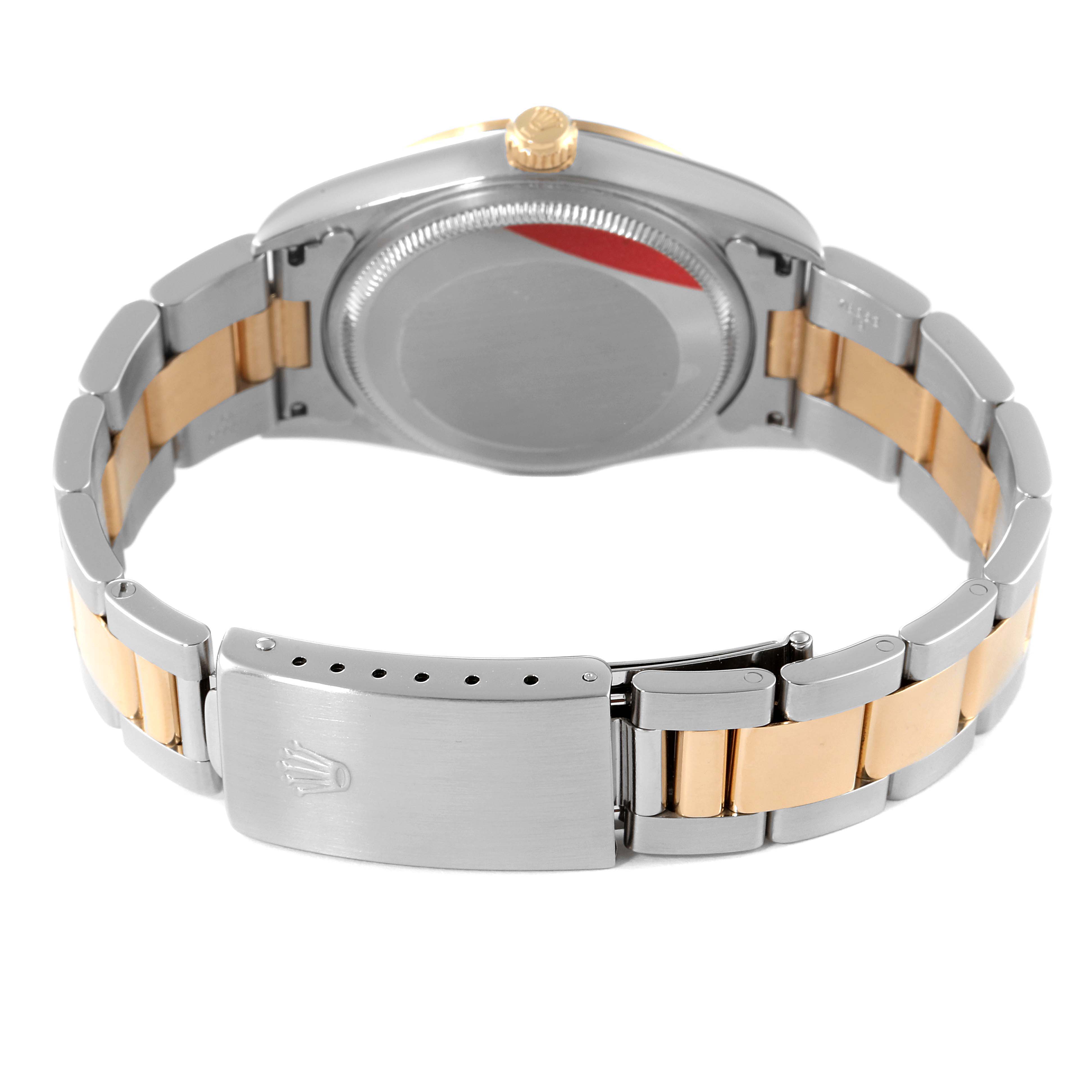 This image shows the back view of a Rolex Oyster Perpetual 14203 Men's Steel and Gold (two tone) Silver Dial 14203 Men's Steel and Gold (two tone) Silver Dial watch, highlighting its two-tone bracelet and clasp.