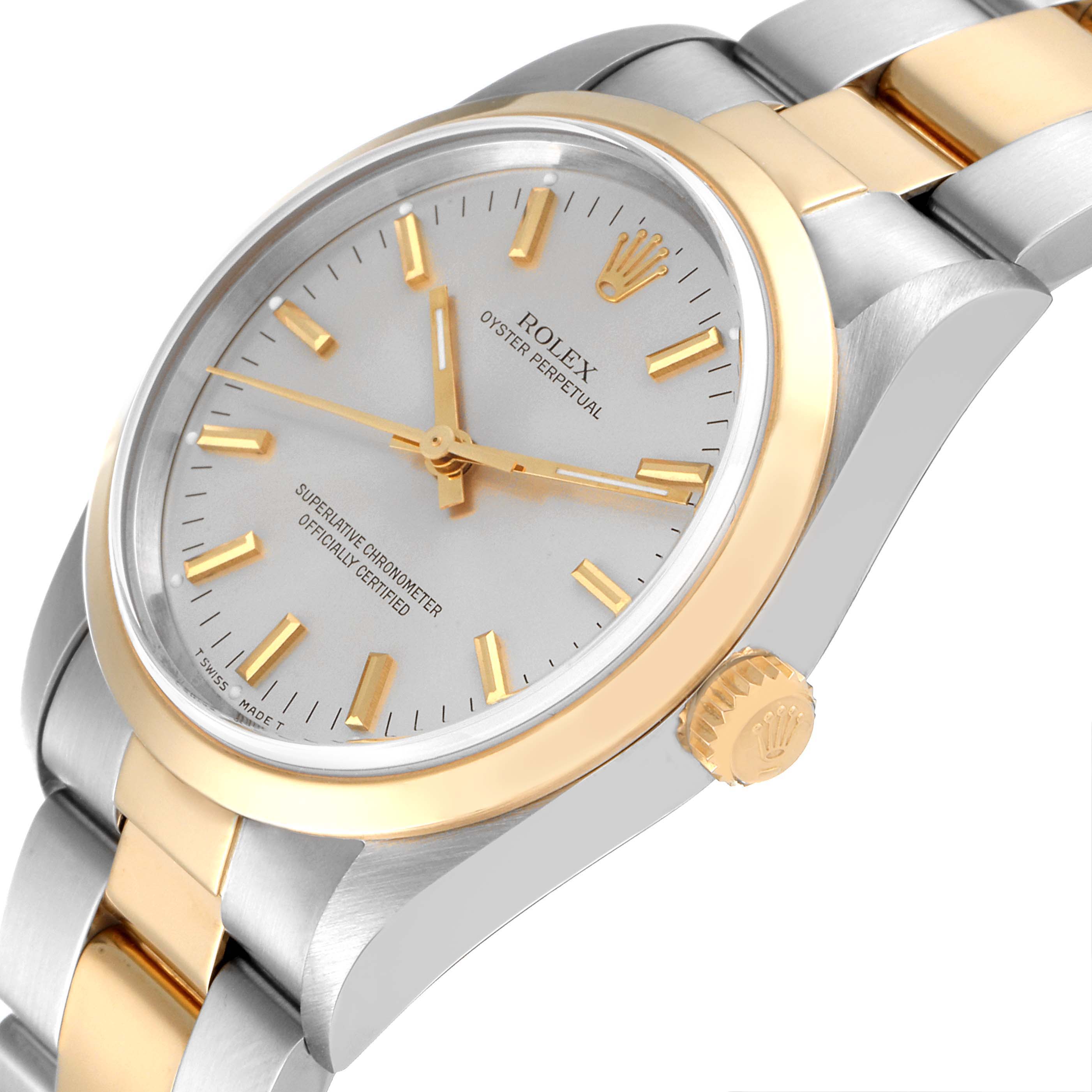 The image shows a Rolex Oyster Perpetual 14203 Men's Steel and Gold (two tone) Silver Dial 14203 Men's Steel and Gold (two tone) Silver Dial watch at an oblique angle, highlighting the dial, case, crown, and part of the bracelet.